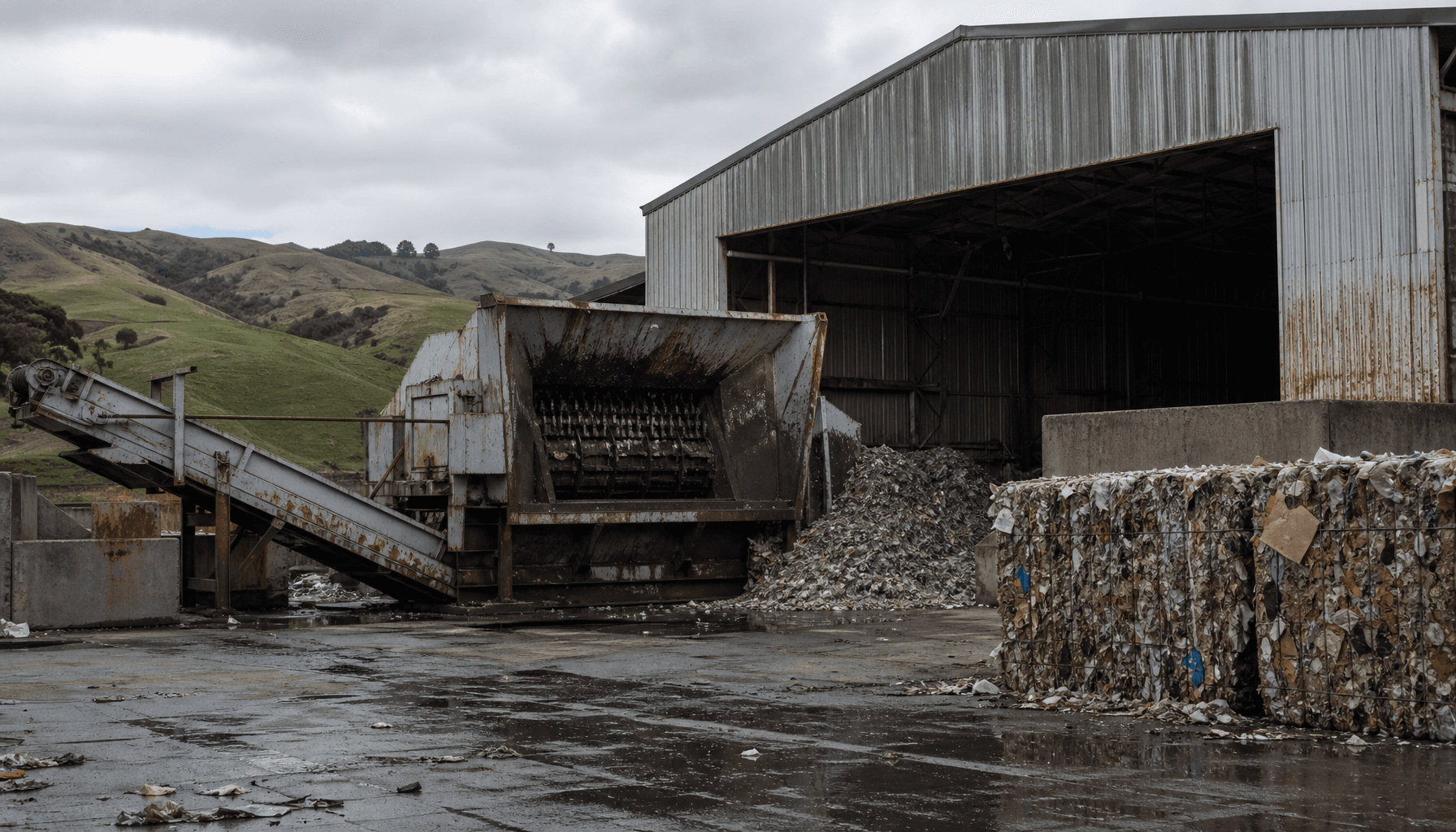 Exterior of a Gisborne-region industrial waste shredding yard with heavy machinery under overcast New Zealand East Coast skies.