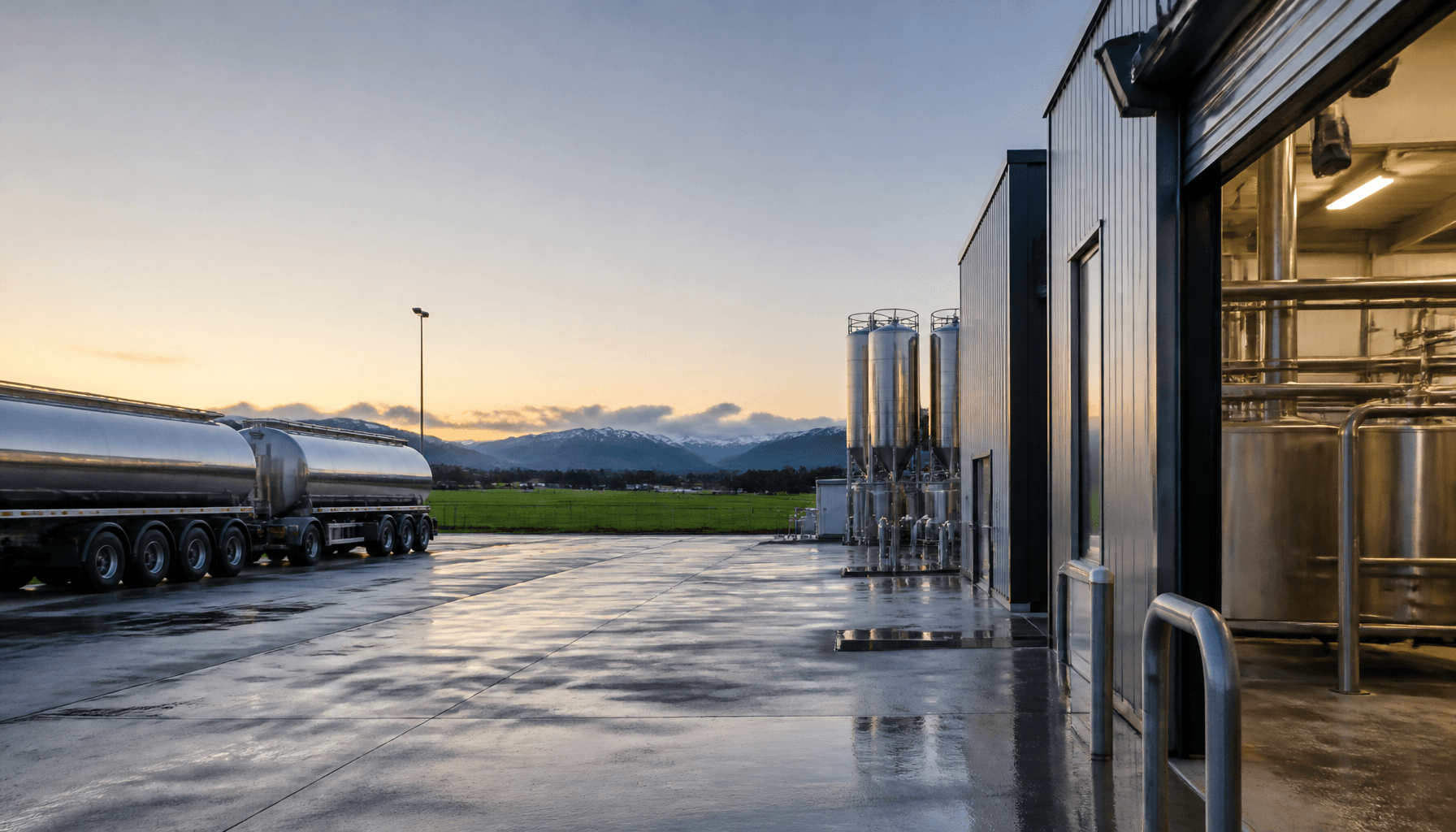 Dairy processing plant and milk tankers beside South Island pasture at dawn