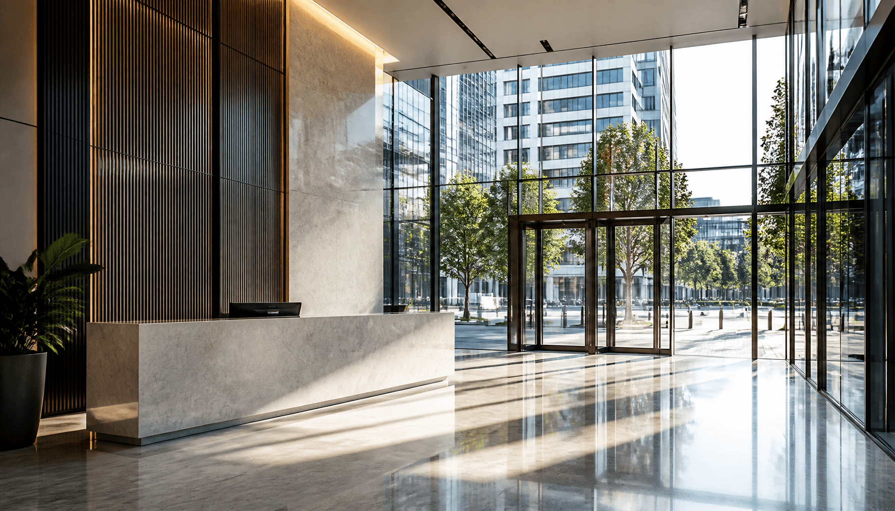 Modern bank headquarters foyer in a New Zealand CBD streetscape