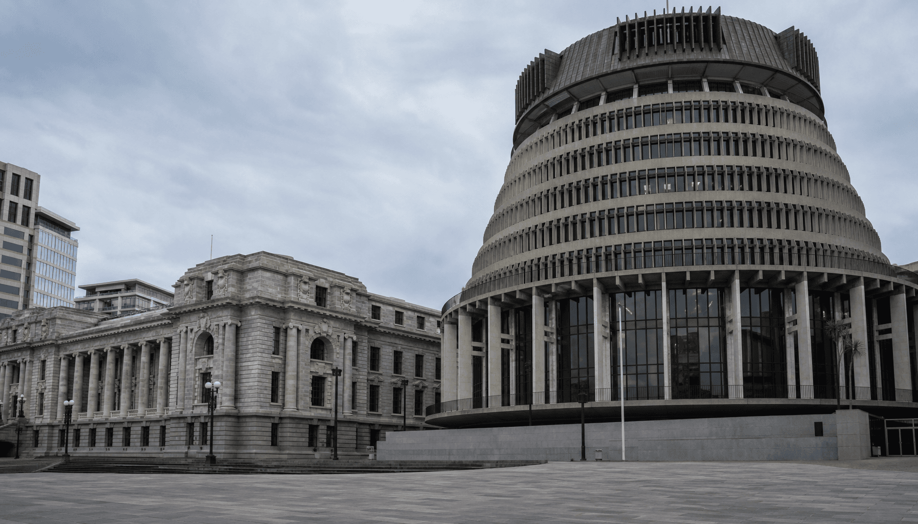 New Zealand Beehive executive wing and Parliament buildings, Wellington, overcast daylight