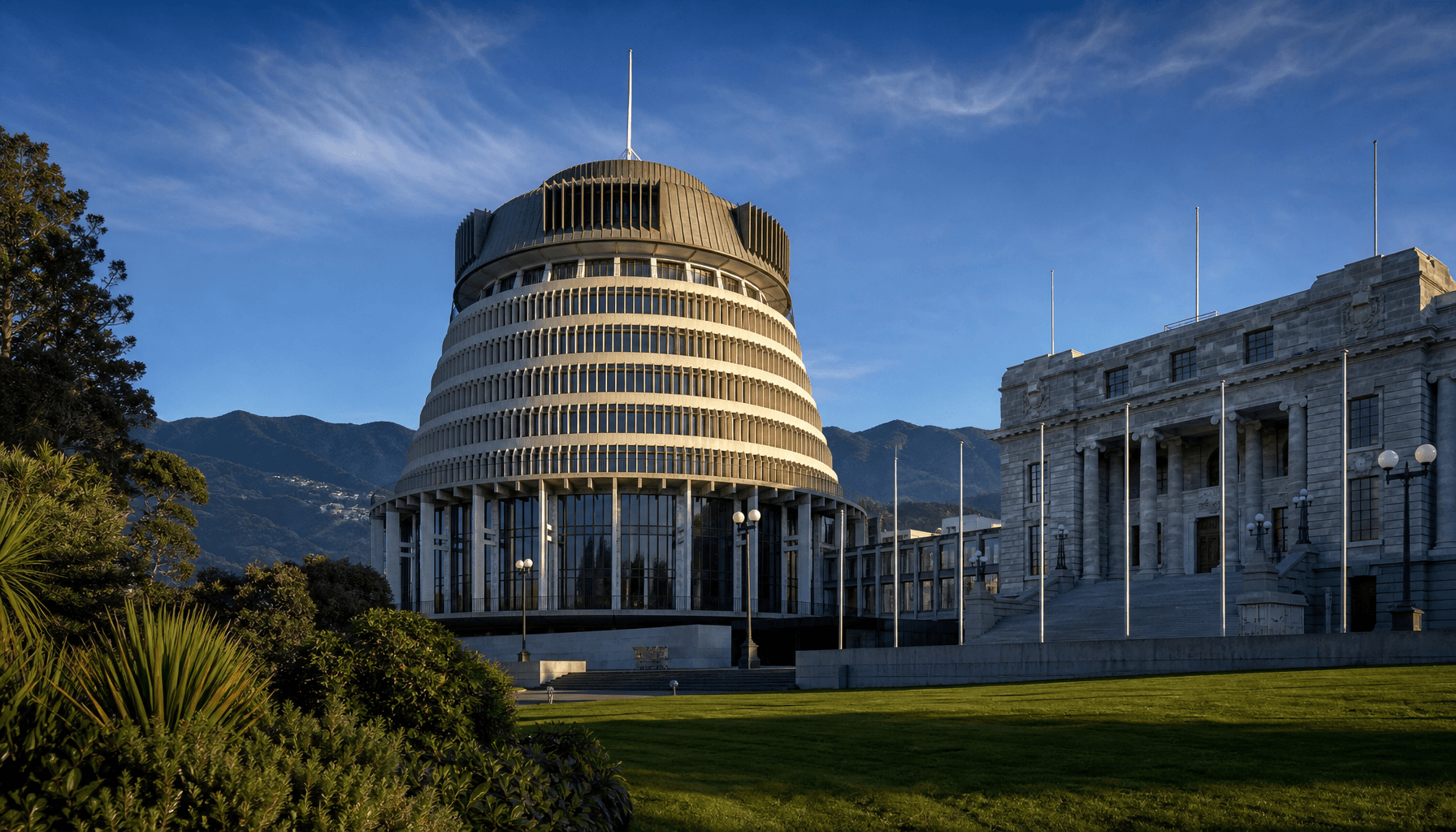 The Beehive, New Zealand's executive Parliament building in Wellington, under clear morning light with the Remutaka hills in the distance.