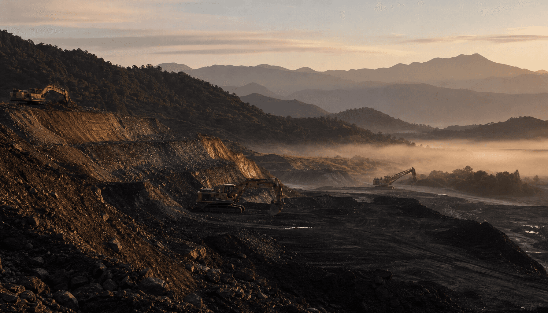 Remote West Coast NZ gold mining site at dawn, terraced earthworks and forested ranges