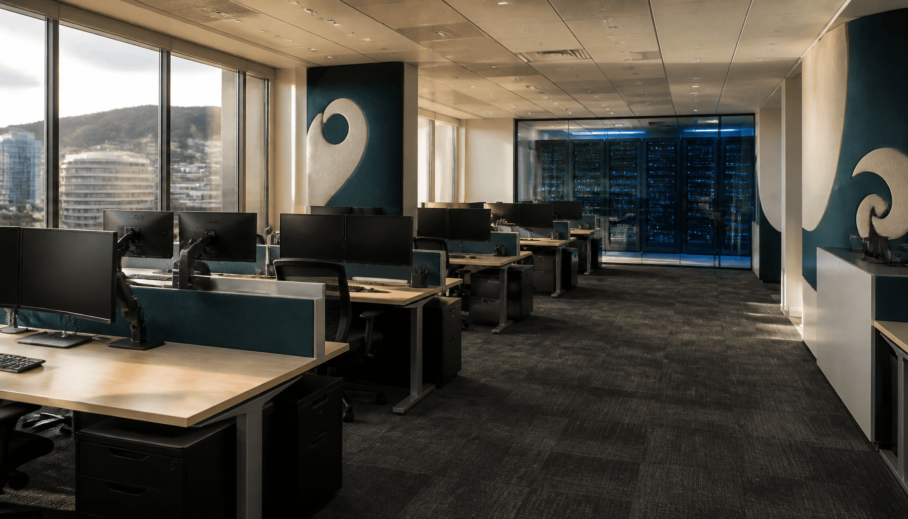 Empty Wellington government office with workstations and a blue-lit server room behind glass, late-afternoon light