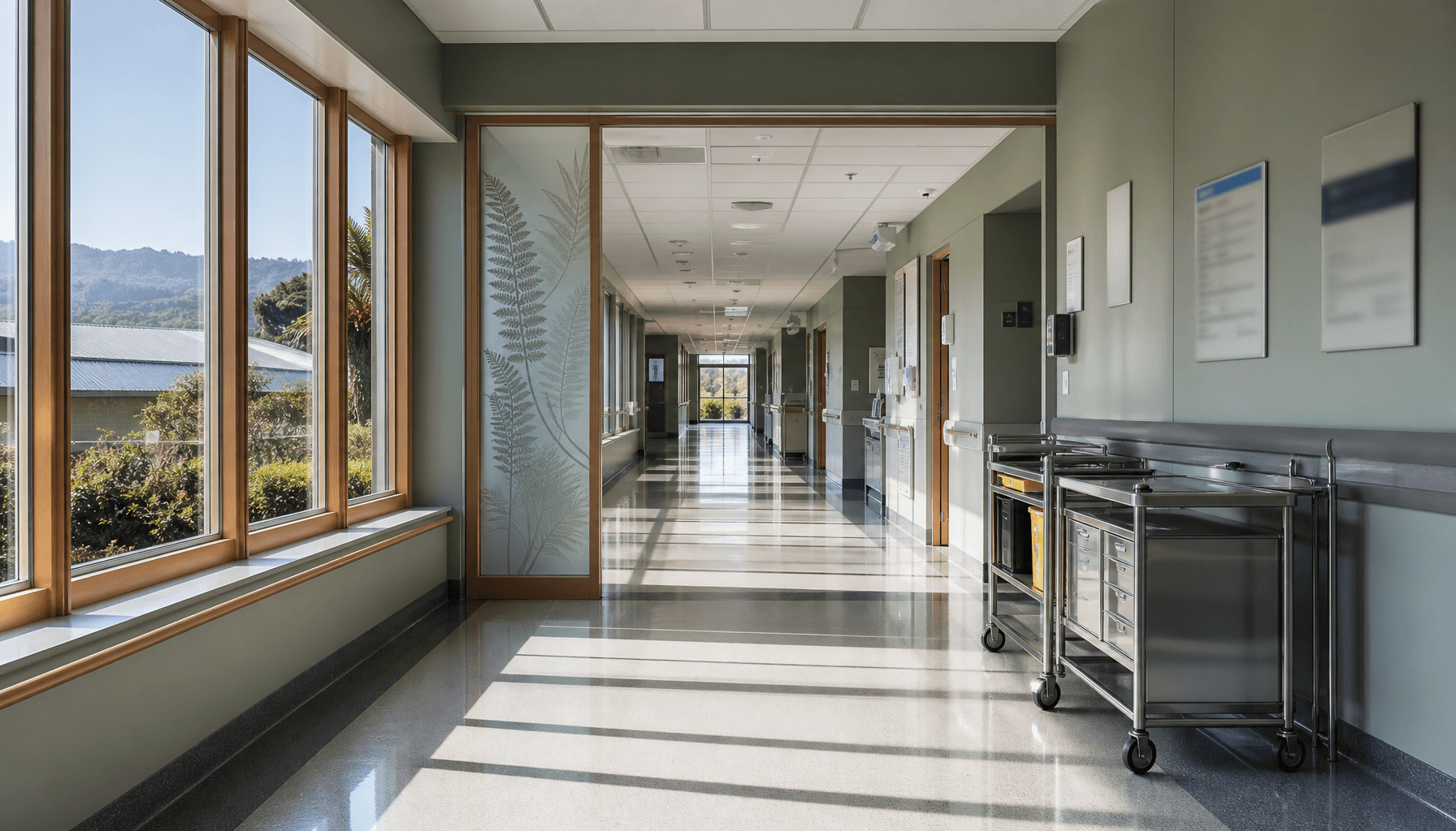 Sunlit empty corridor of a New Zealand public hospital, medical trolleys parked along sage-green walls