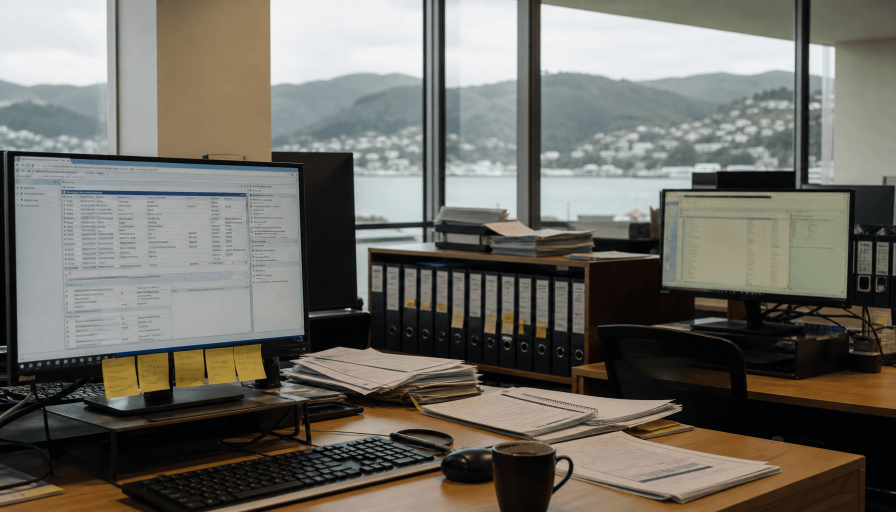 Wellington payroll office overlooking the harbour, workstations open with compliance documents