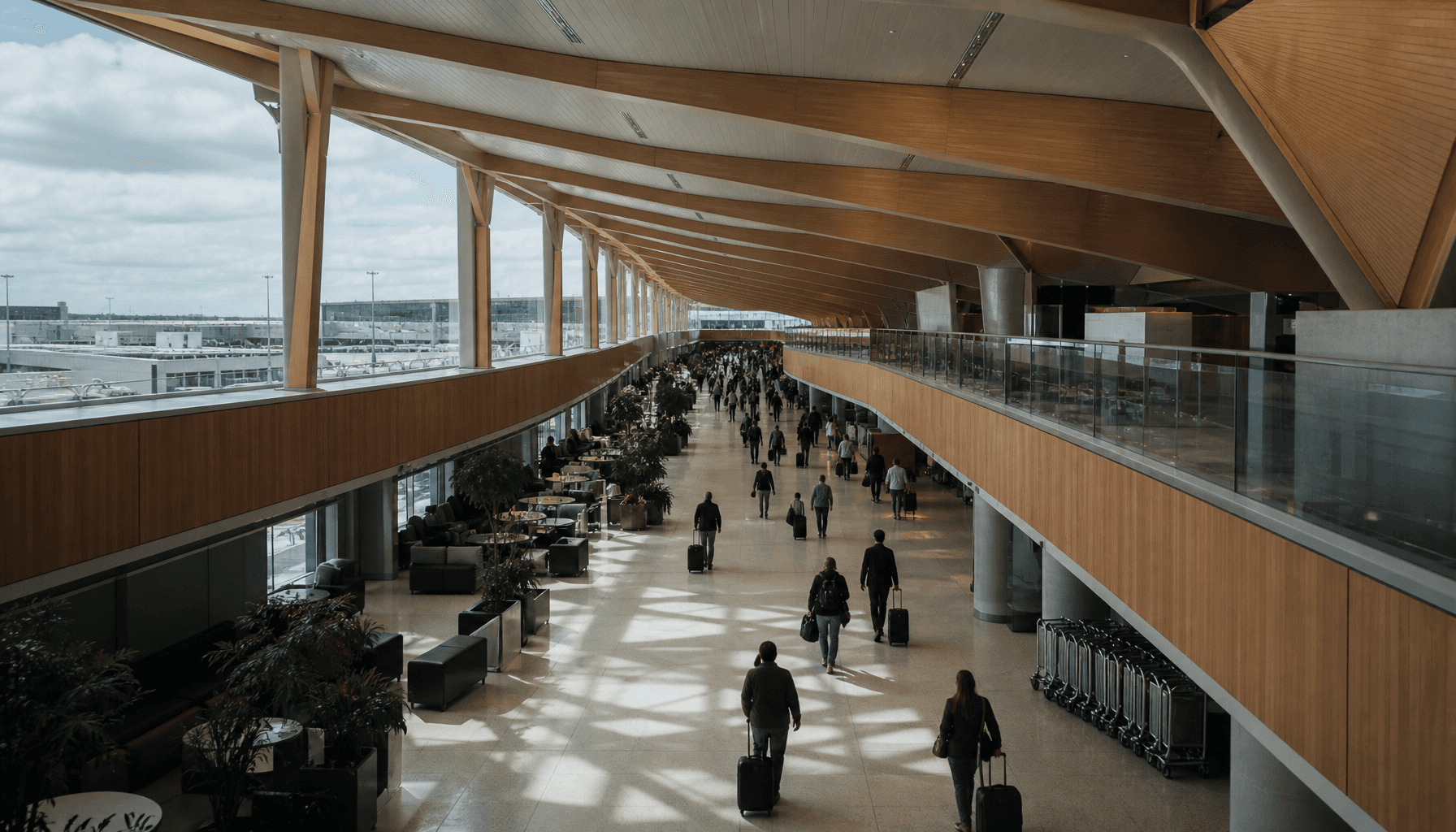 Auckland International Airport arrivals concourse, mid-morning, travellers with luggage