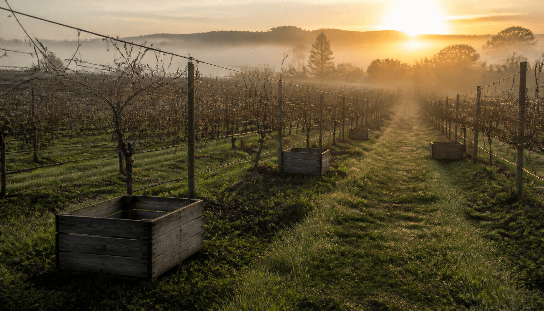 Empty Bay of Plenty kiwifruit orchard rows with picking bins at dawn, evoking a dormant labour operation