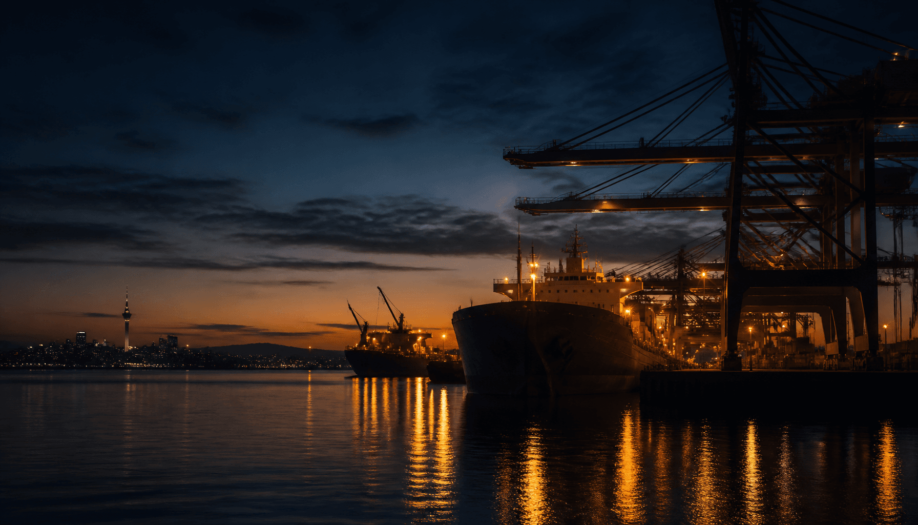 Auckland container terminal at pre-dawn with cargo ships anchored on a still harbour