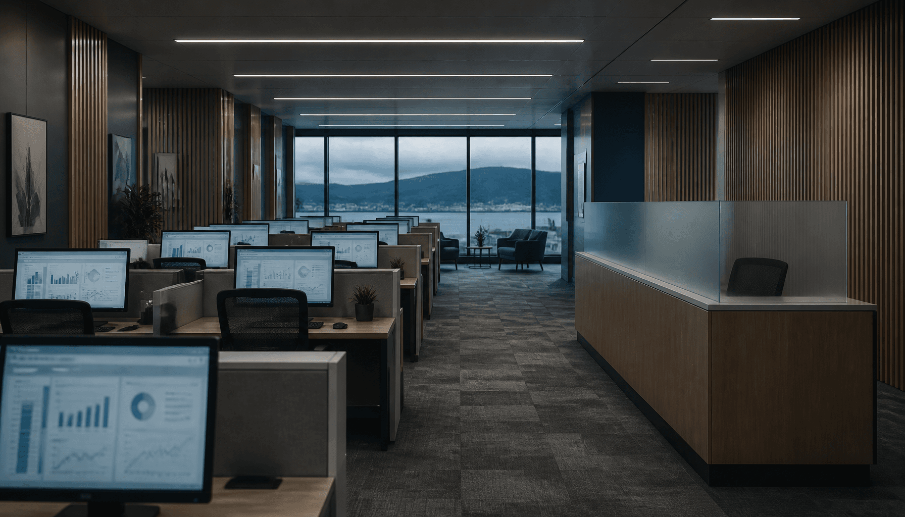 Empty Wellington government social services office with data dashboards glowing on unoccupied workstations