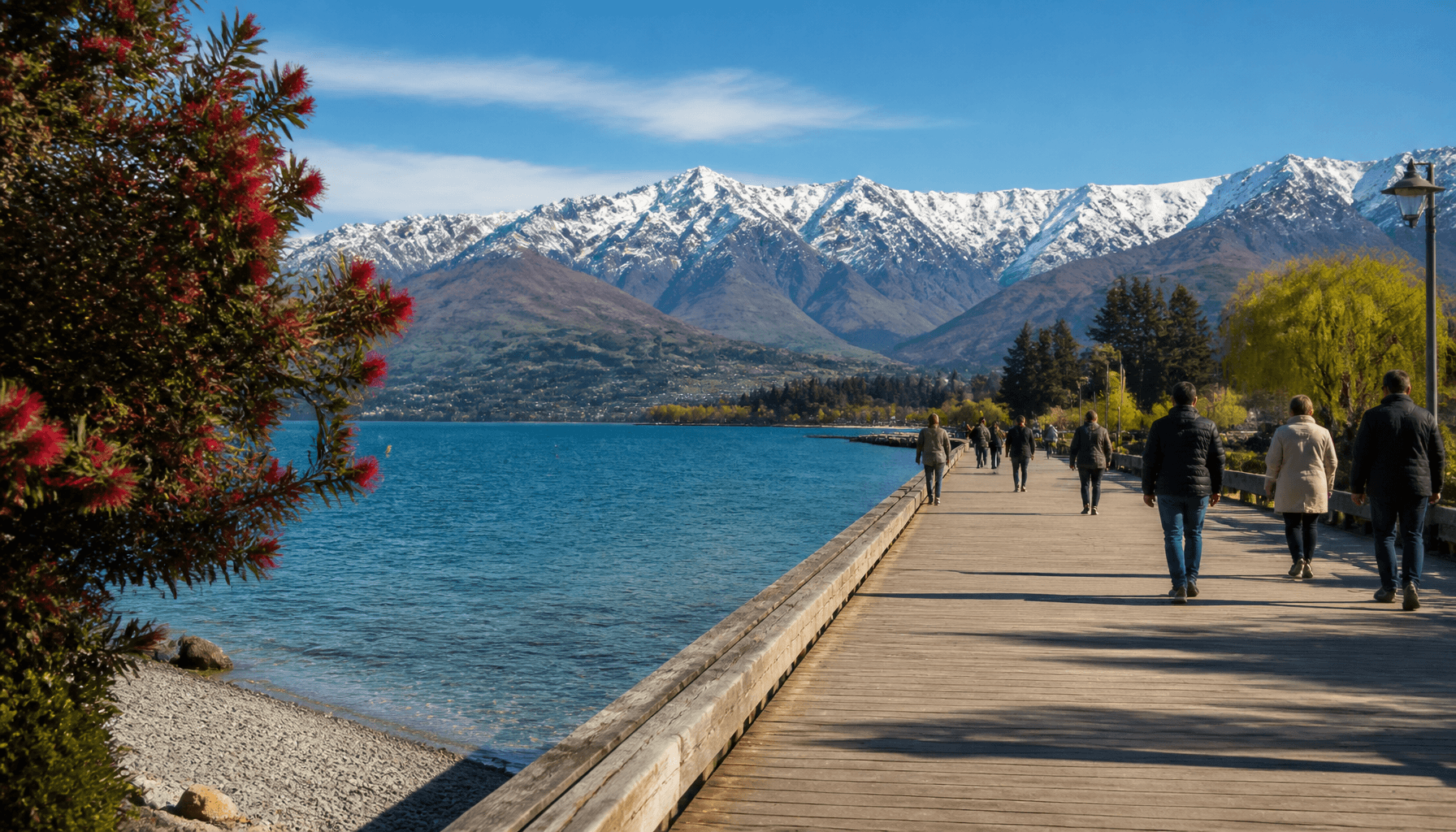 Queenstown lakefront promenade with Lake Wakatipu and the Remarkables in morning light, visitors seen from behind