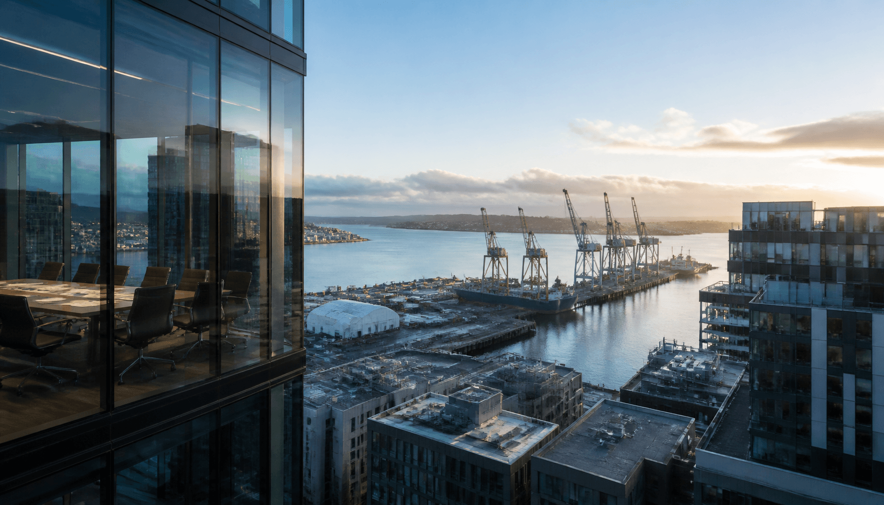 Auckland waterfront office towers at dawn ahead of NZX earnings season