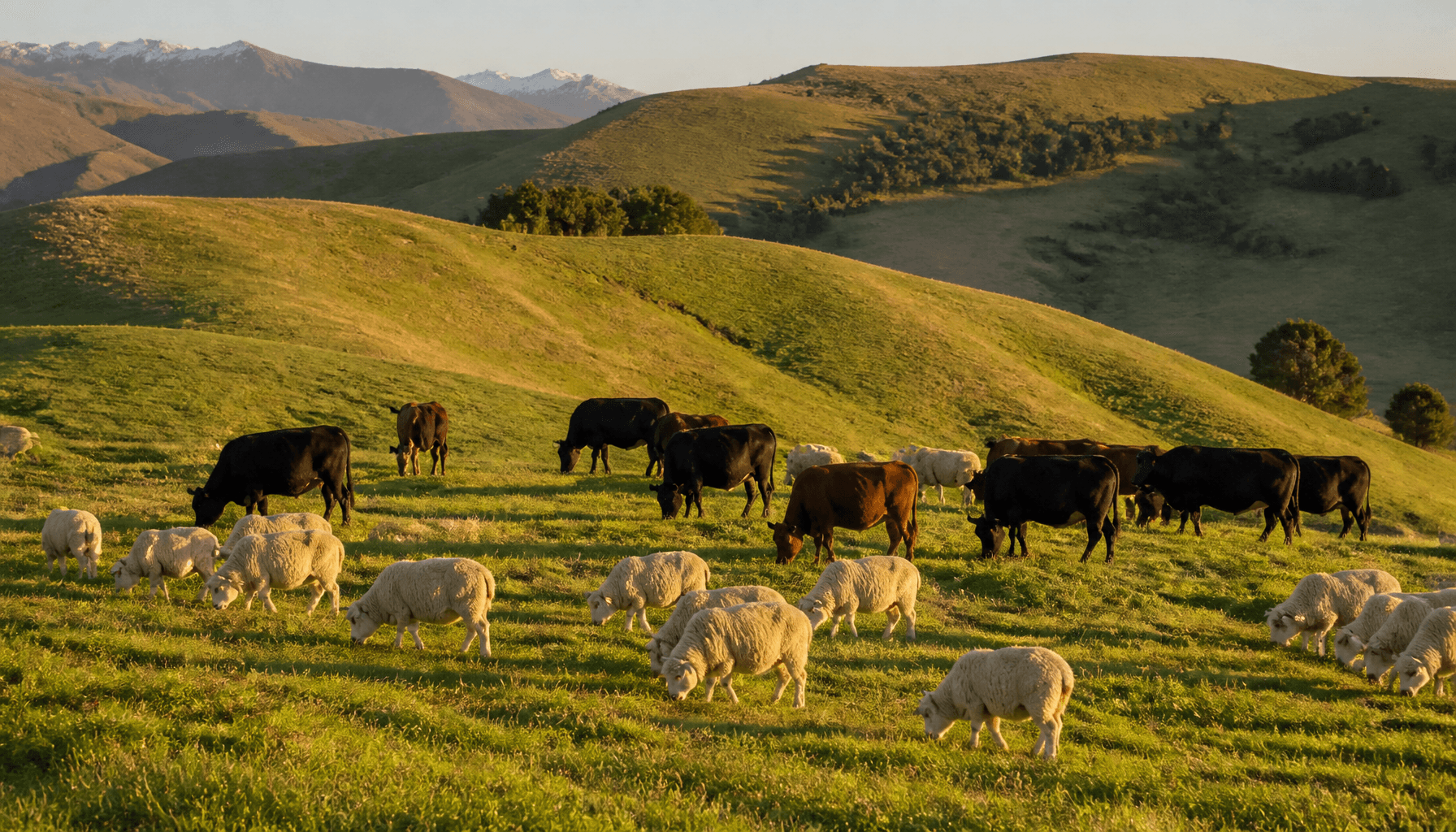 Sheep and beef cattle grazing on New Zealand hill-country pasture