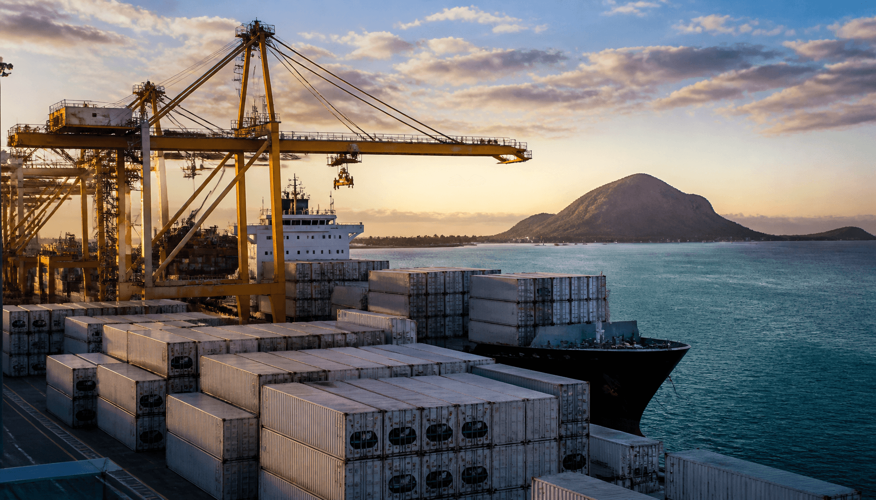 Refrigerated export containers stacked at Port of Tauranga wharf at dawn, with Mount Maunganui in the background