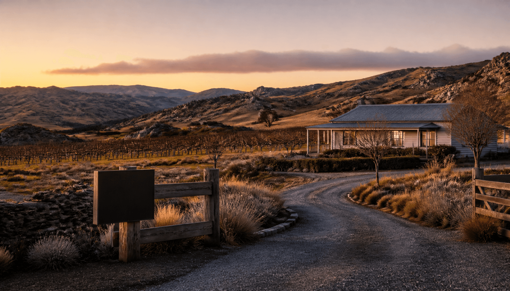 Central Otago lifestyle property landscape at dusk with a farmhouse and distant hills