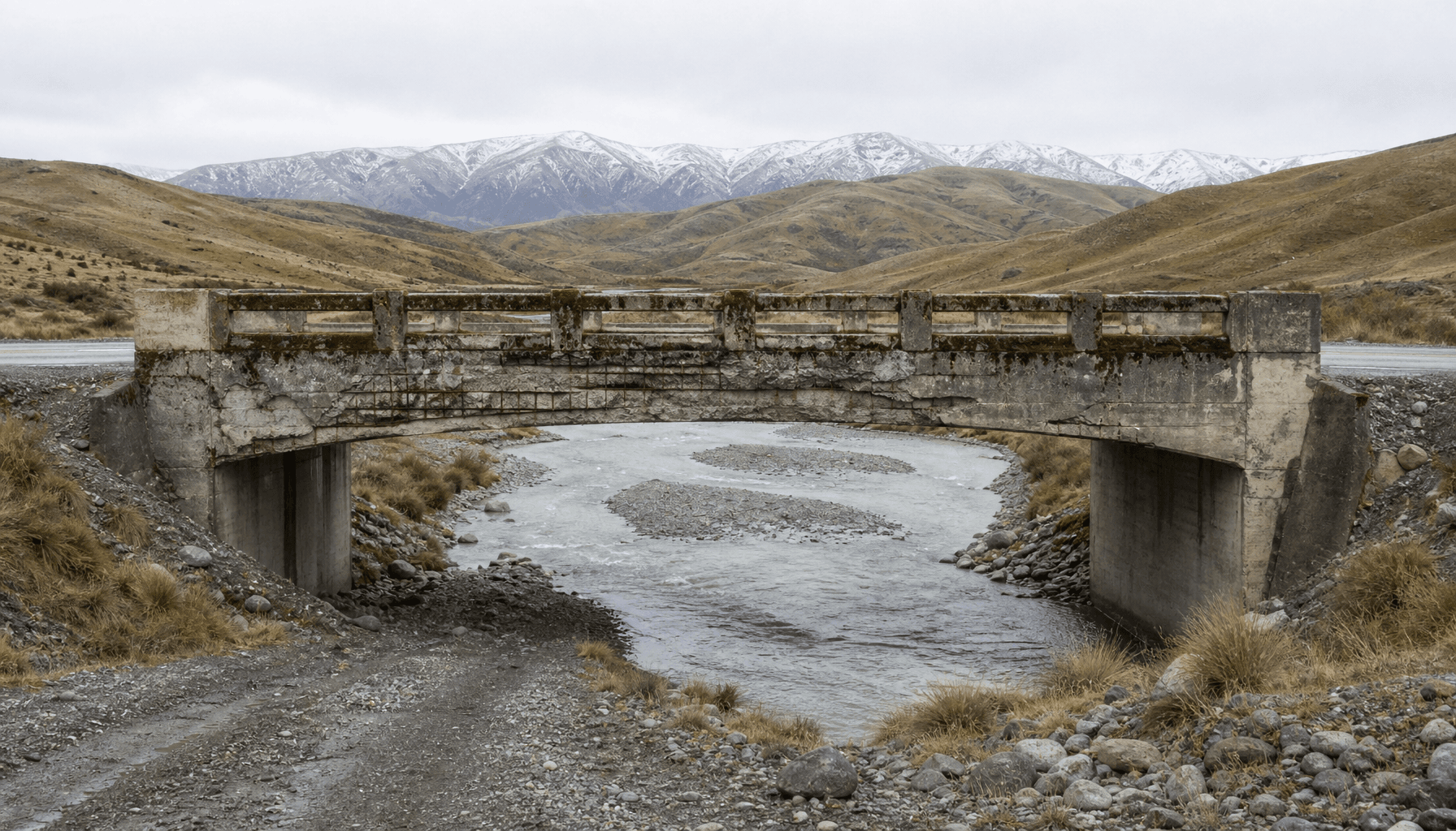 Weathered concrete highway bridge over a South Island braided river, showing spalling and neglect