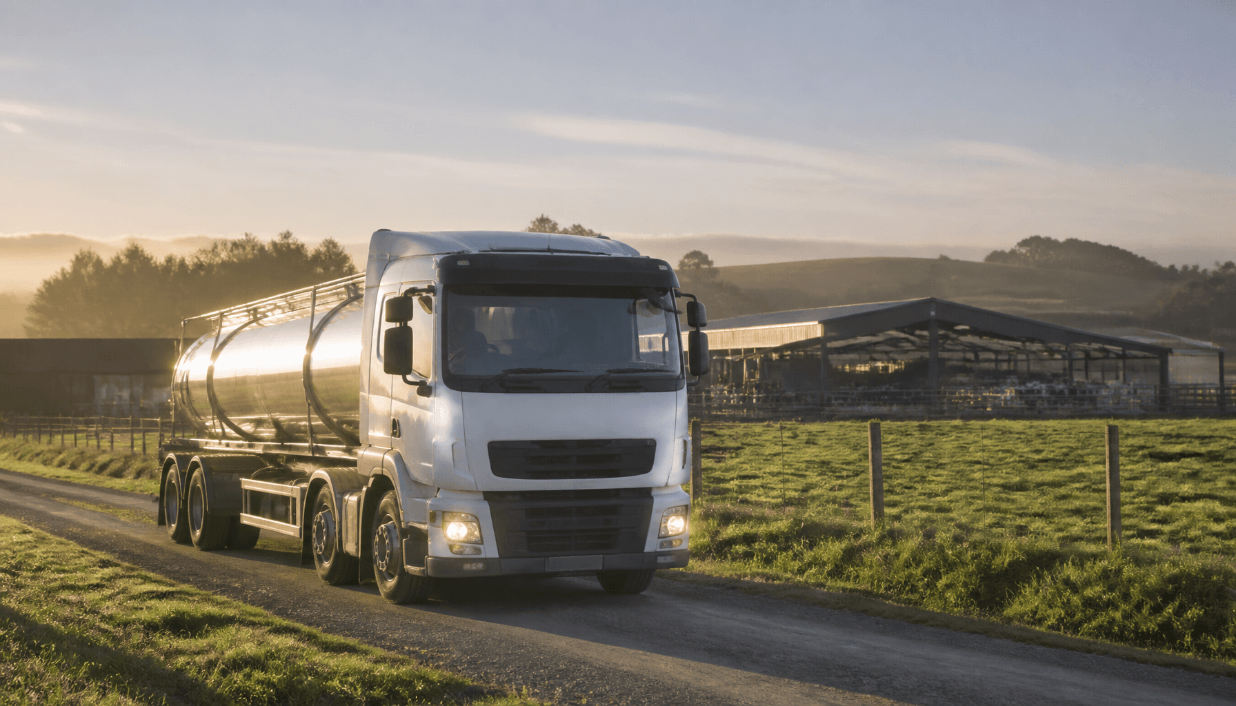 Dairy tanker on a New Zealand farm road at dawn