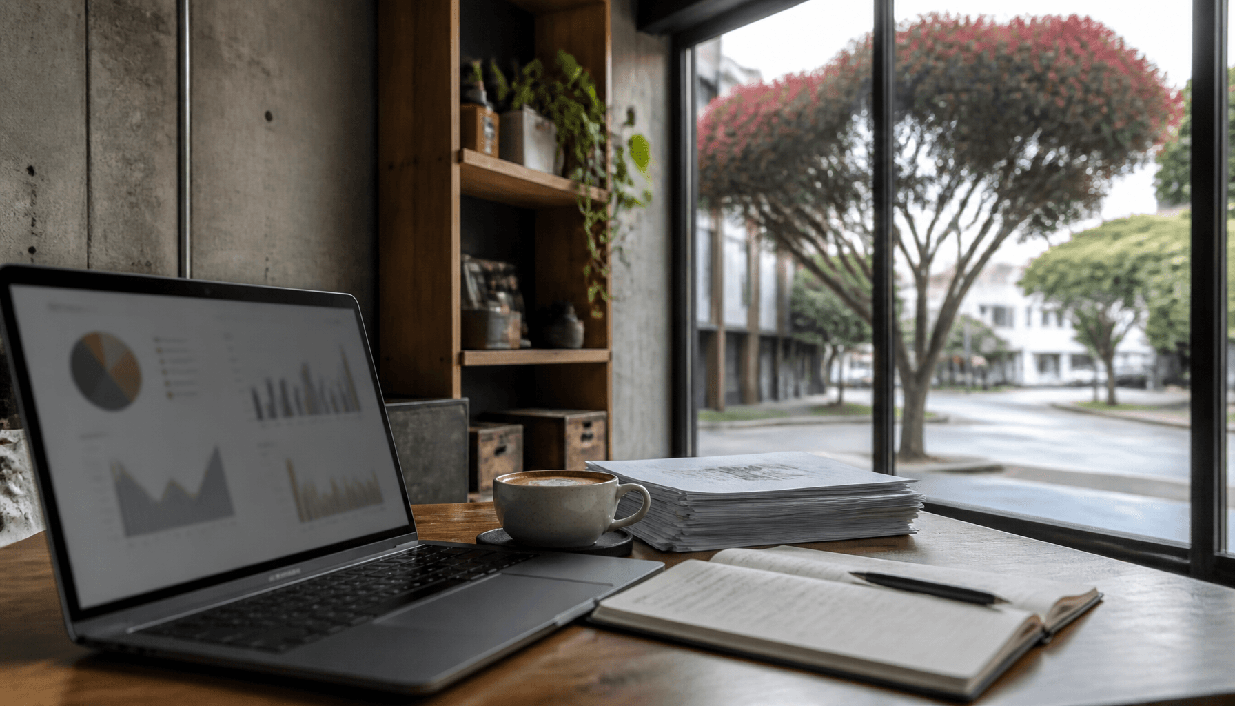 Laptop and paperwork on a timber desk in a small Auckland office, soft daylight from pohutukawa-lined street outside