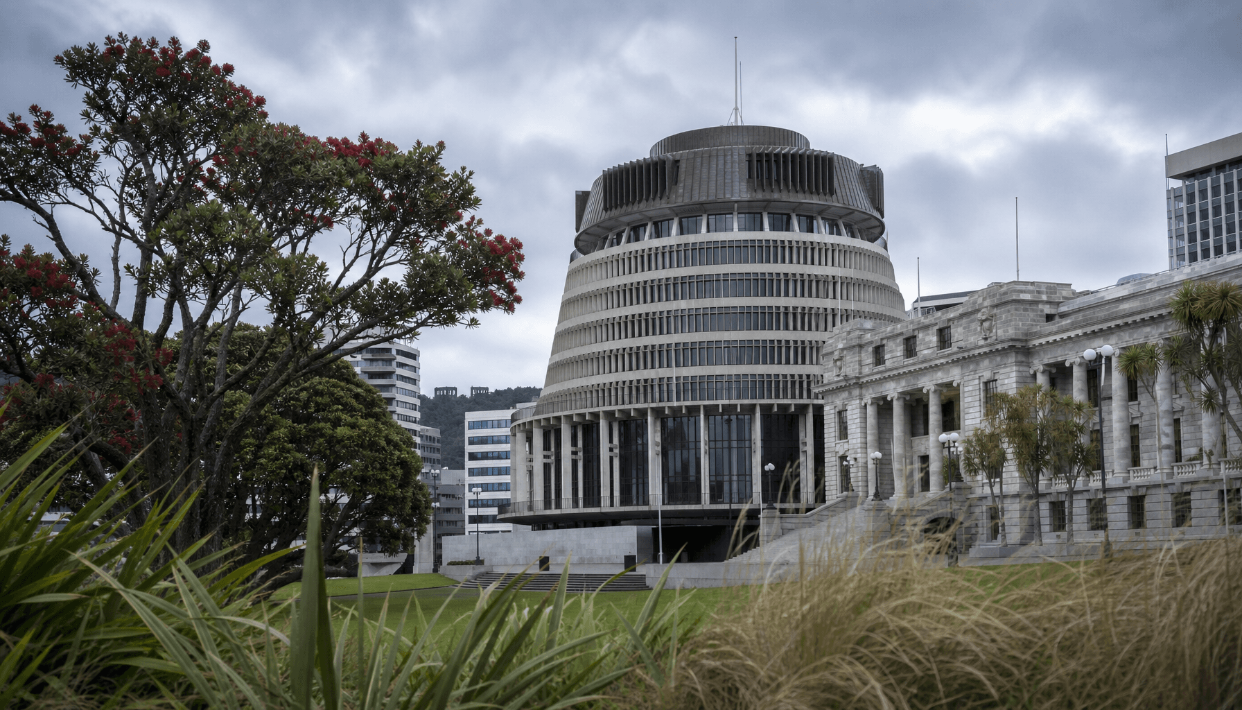 The Beehive and parliamentary precinct in Wellington under overcast mid-morning light