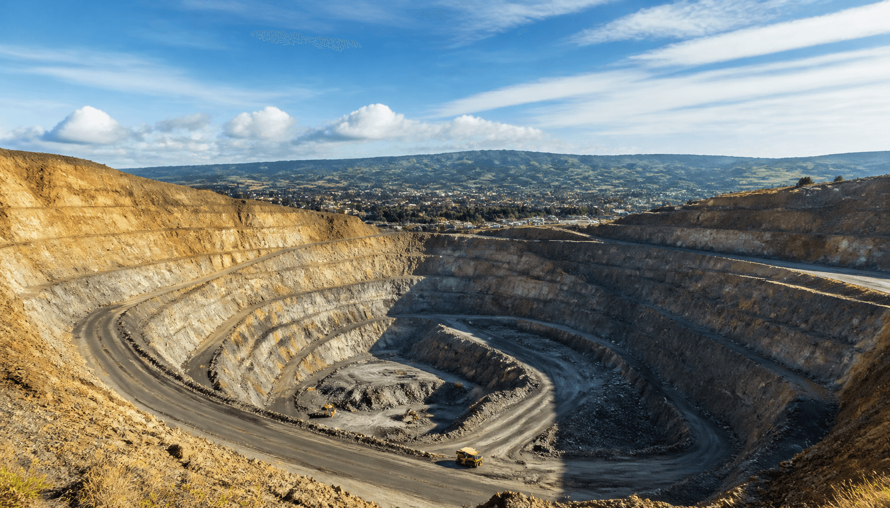 Aerial view of the Martha open-pit gold mine at Waihi, New Zealand, showing terraced pit walls and haulage roads