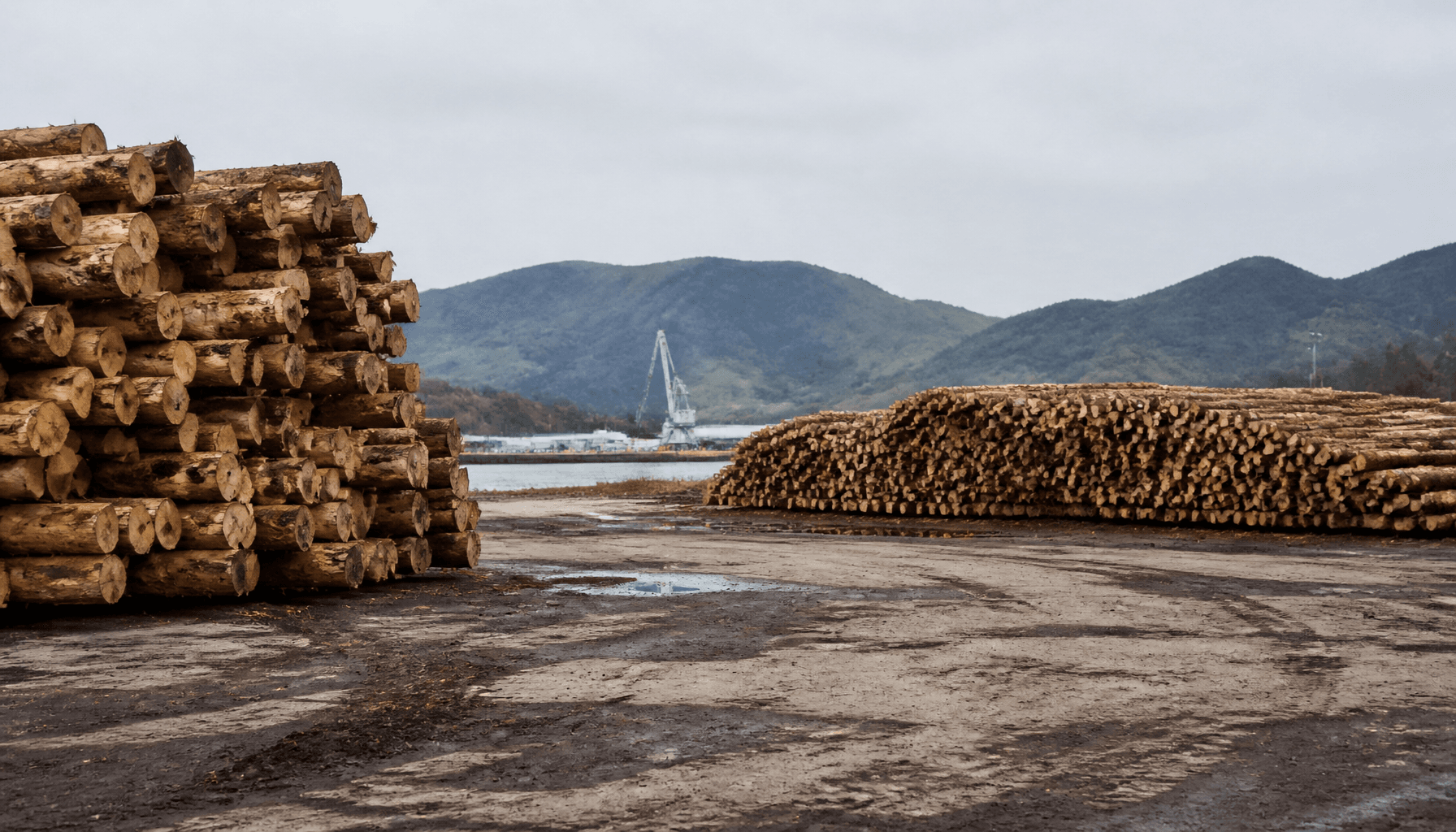 Stacked pine logs at a regional East Coast New Zealand port yard