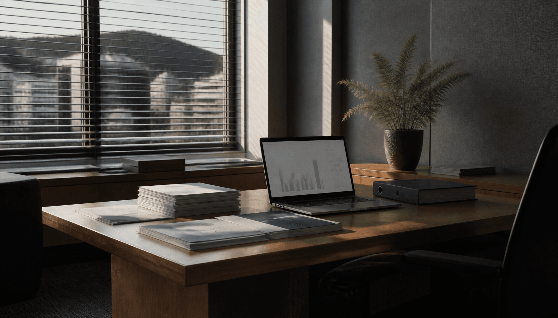 Wellington government office desk with stacked performance reports and a laptop showing blank charts