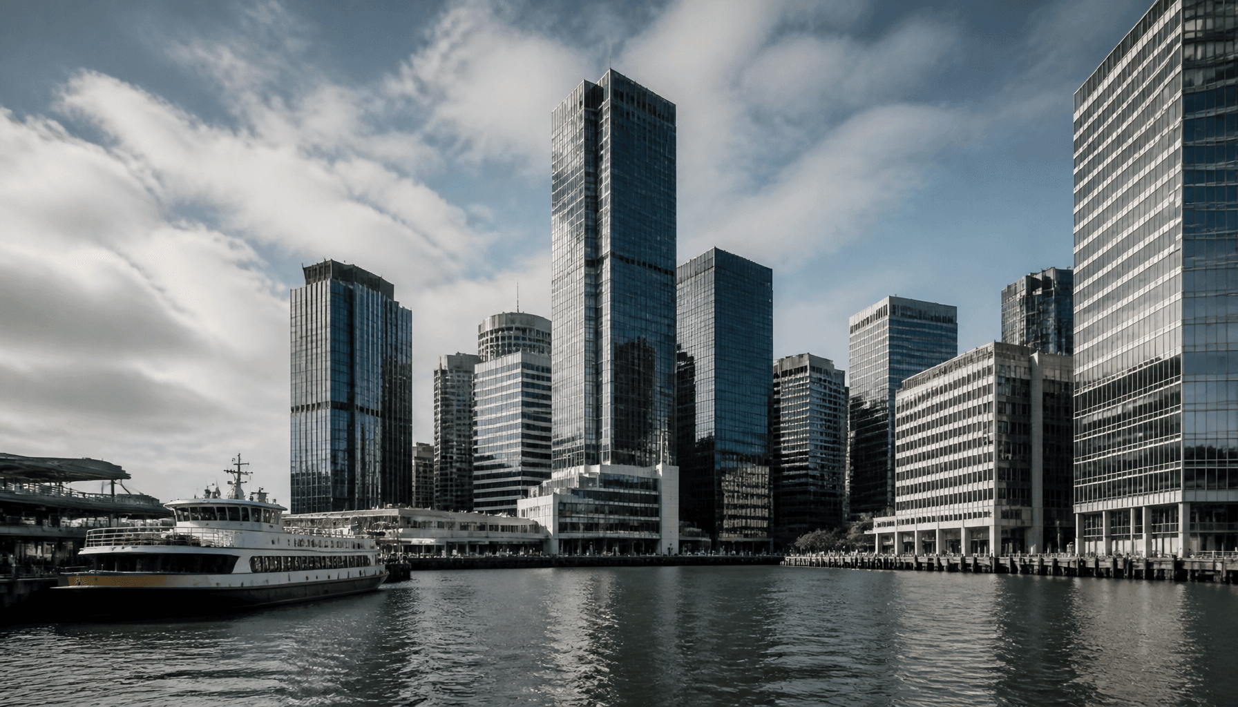 Auckland CBD waterfront financial district towers reflected in the Waitemata Harbour under a cool morning sky