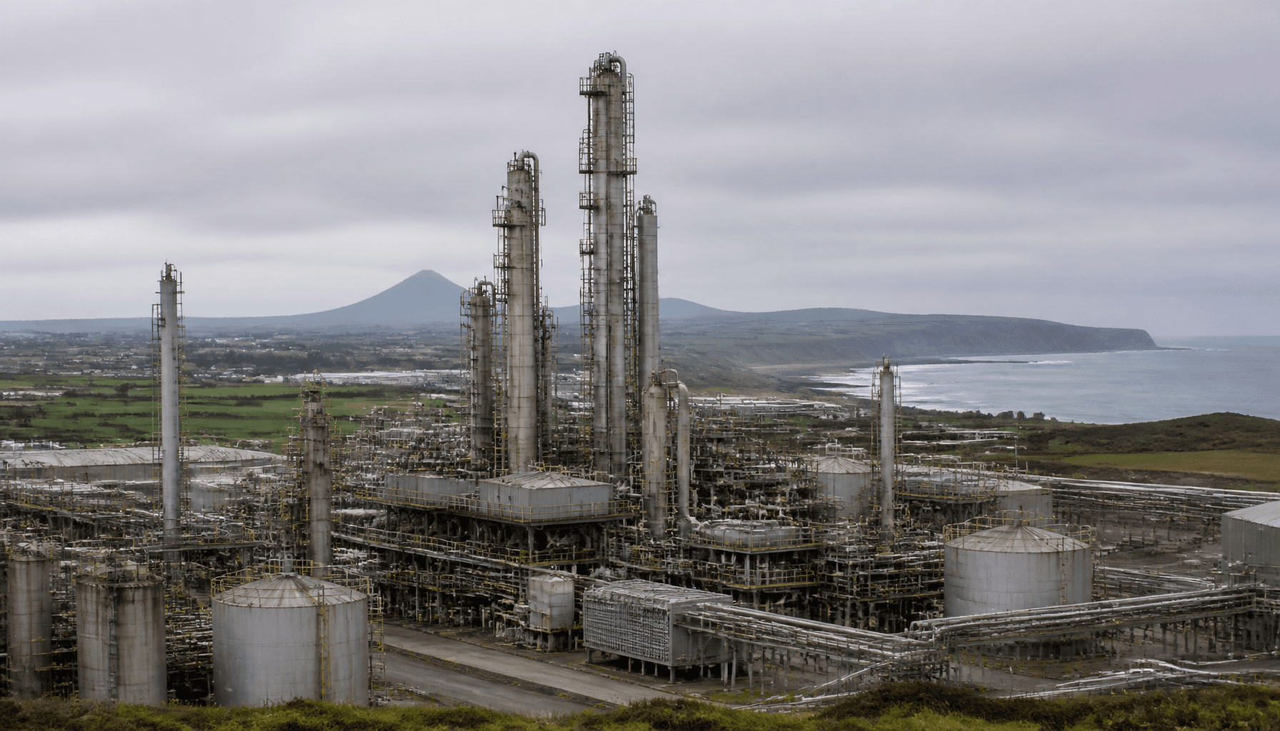 Wide shot of a Taranaki coastal methanol plant under overcast sky, industrial towers idle