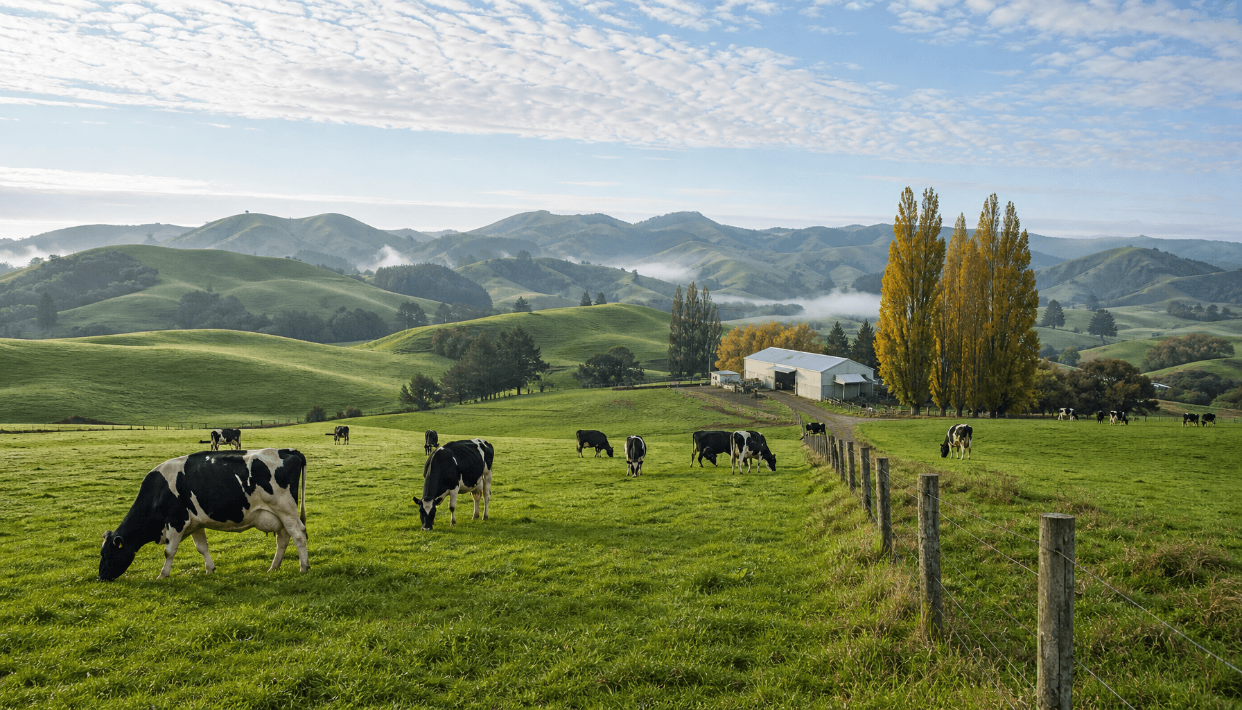 Rolling Waikato dairy paddocks with Friesian cattle grazing beside a weathered farm shed under mid-morning light