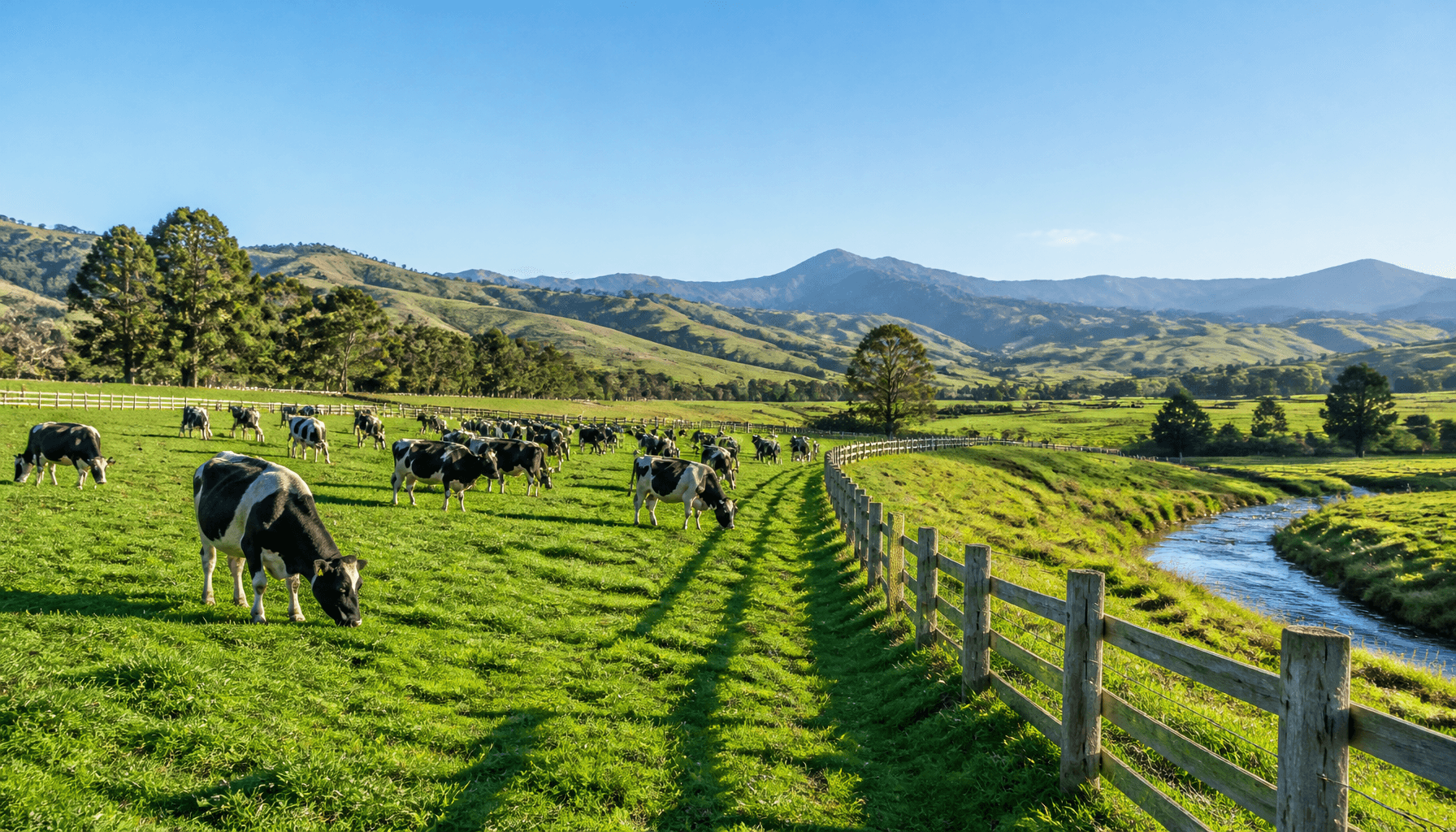 Friesian dairy cattle grazing on lush Waikato pasture beneath clear skies, New Zealand
