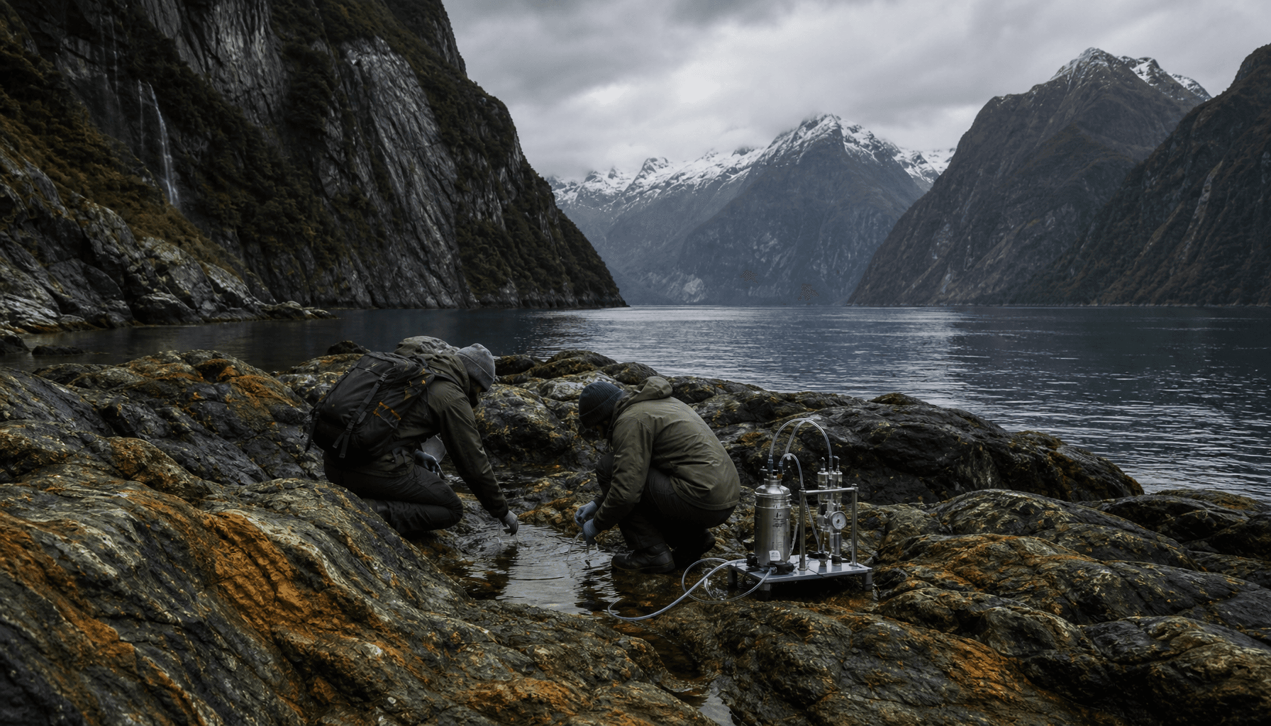 Field researchers collecting gas samples from ultramafic rock formation near a Fiordland fjord, New Zealand