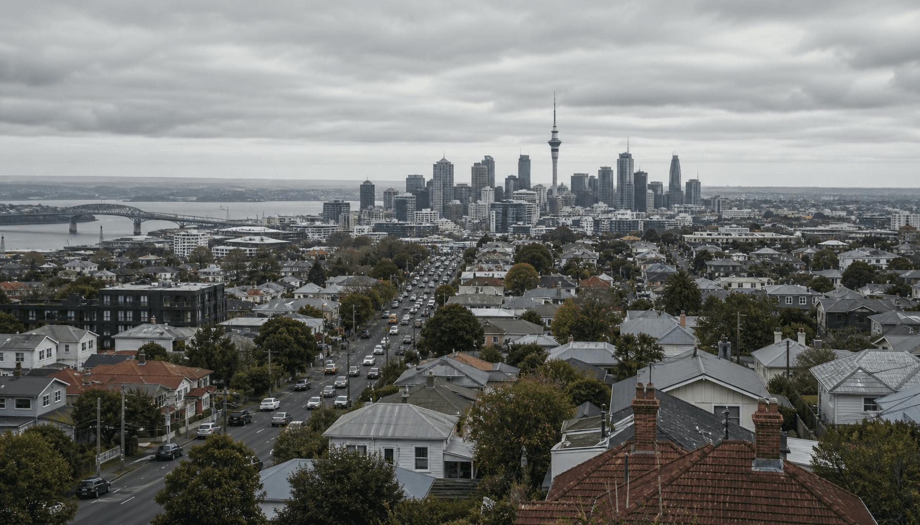 Auckland inner-city suburbs stretching toward CBD and Waitemata Harbour under overcast skies