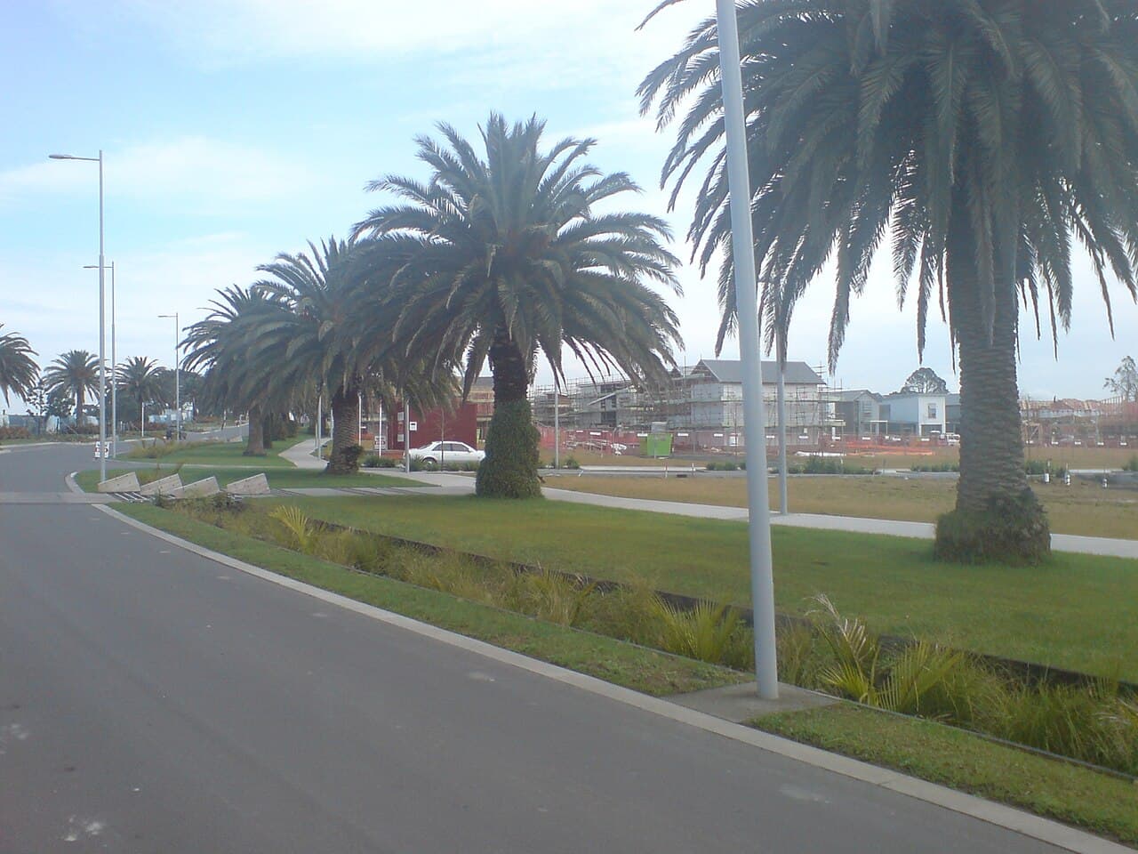 New housing development at Hobsonville Point, Auckland, with rows of recently built homes under a cloudy sky