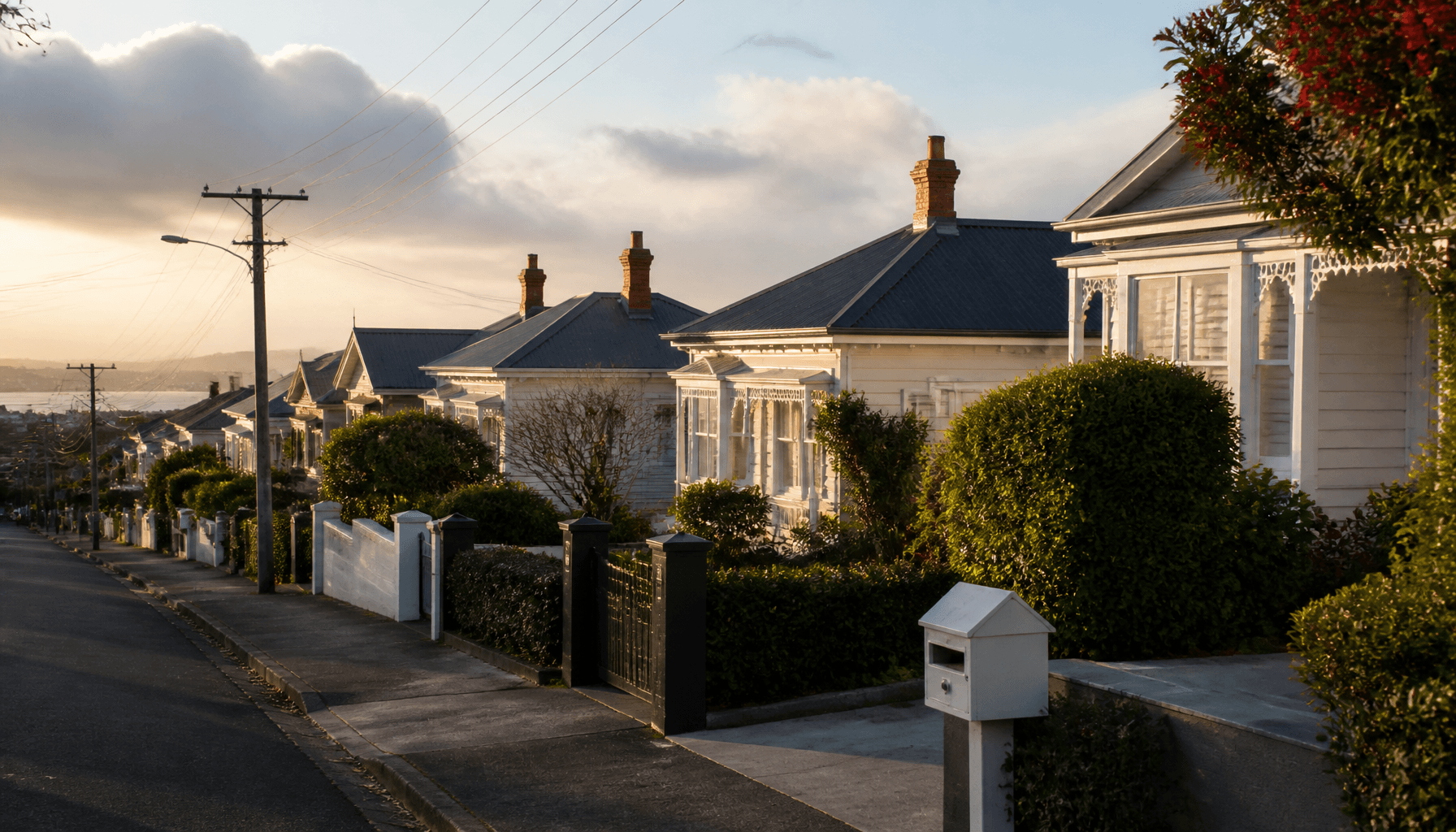 Suburban Auckland weatherboard houses in late-afternoon light, evoking mortgage refix decisions