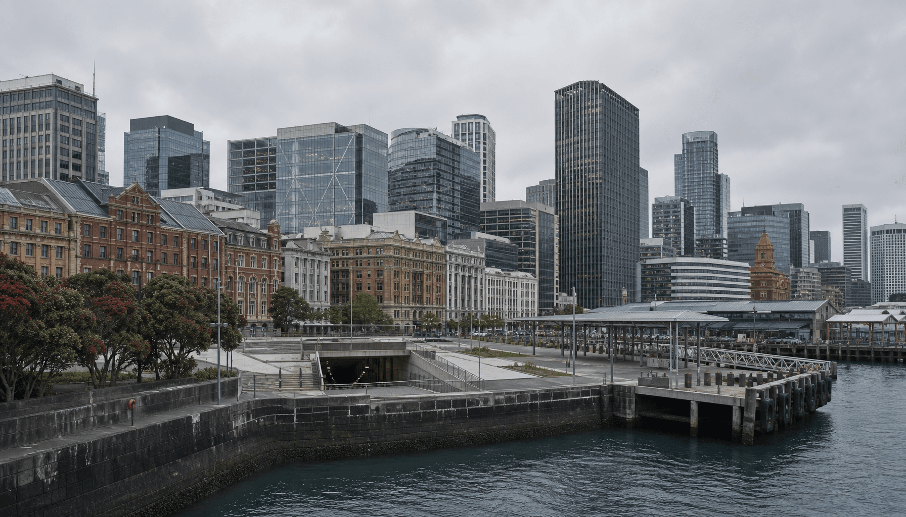 Auckland CBD waterfront at Britomart with harbour foreground and city towers behind, mid-morning overcast light