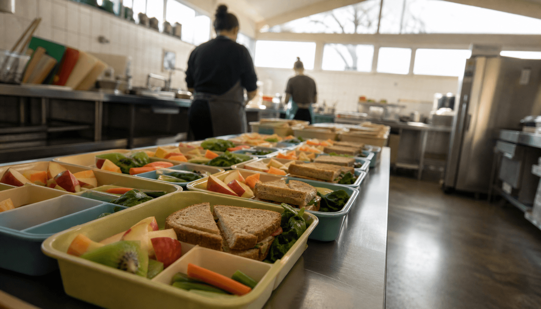 Rows of nutritious meal trays on stainless-steel benches in a Wellington primary school kitchen under natural daylight