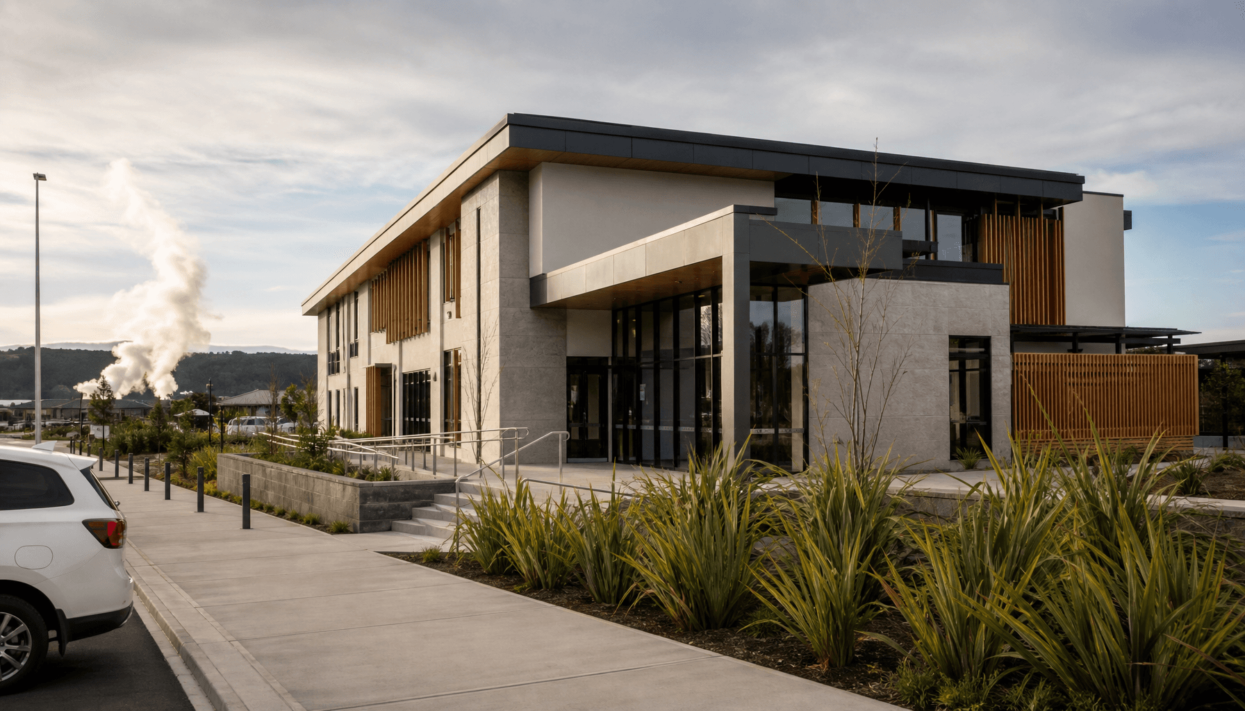 Provincial government building in Rotorua with geothermal steam visible in the background