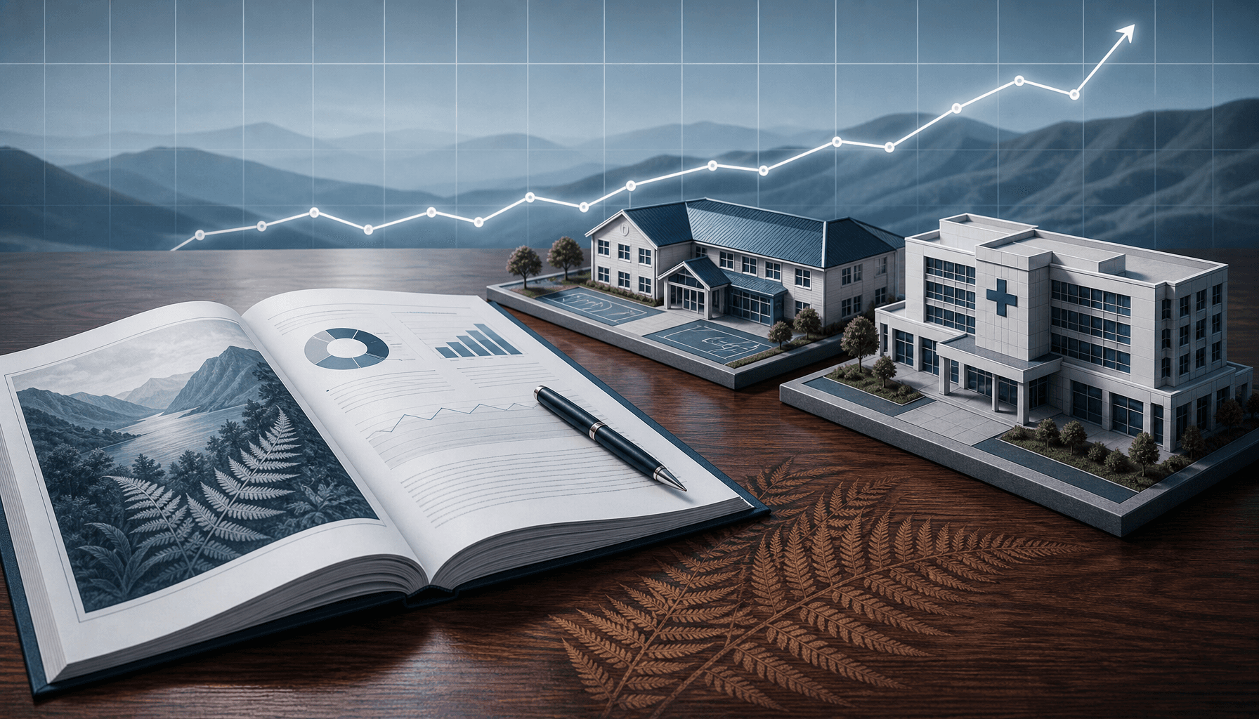 Editorial illustration of a New Zealand government budget document beside architectural models of a school and hospital, representing Budget 2026's capital investment package