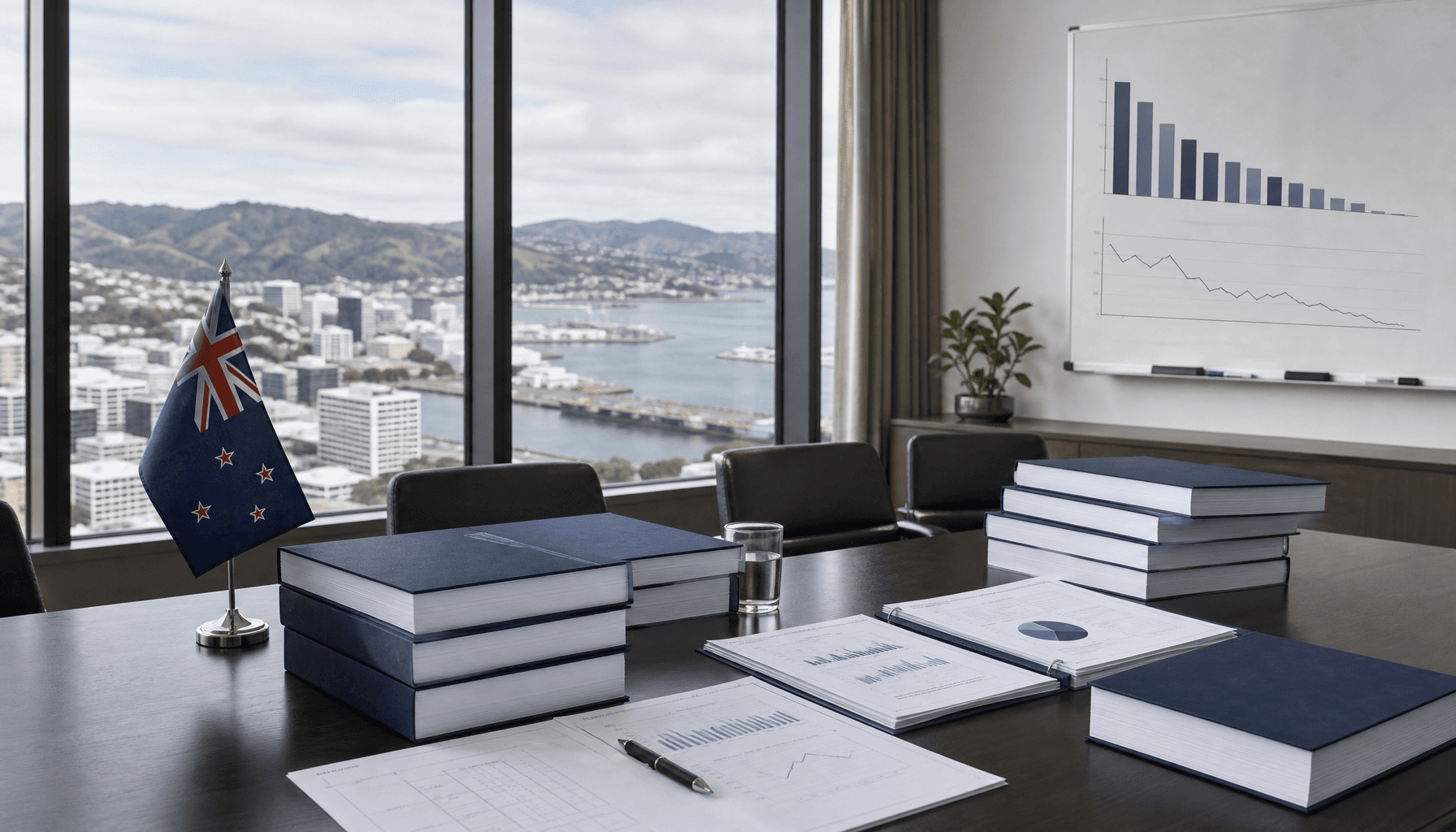A Wellington government office interior with stacked Budget documents on a conference table and harbour views, representing Budget 2026 preparations