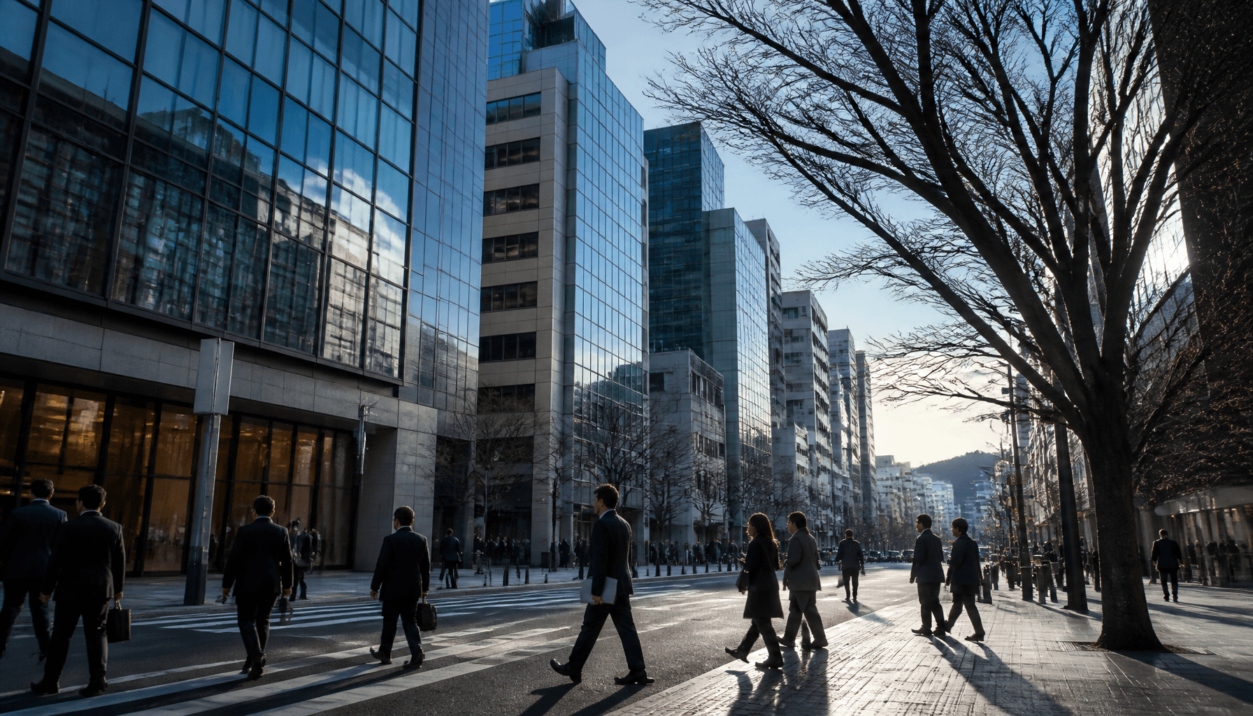 Wellington Lambton Quay office precinct on a winter morning, suited pedestrians crossing in foreground