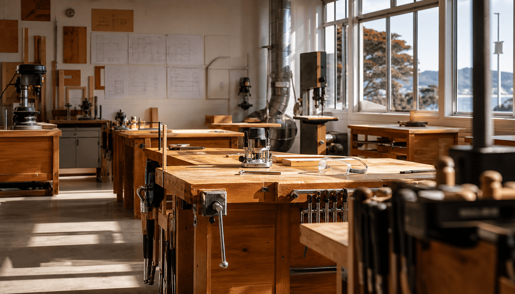 Interior of a Wellington-region secondary school vocational workshop with timber workbenches and hand tools lit by morning sunlight
