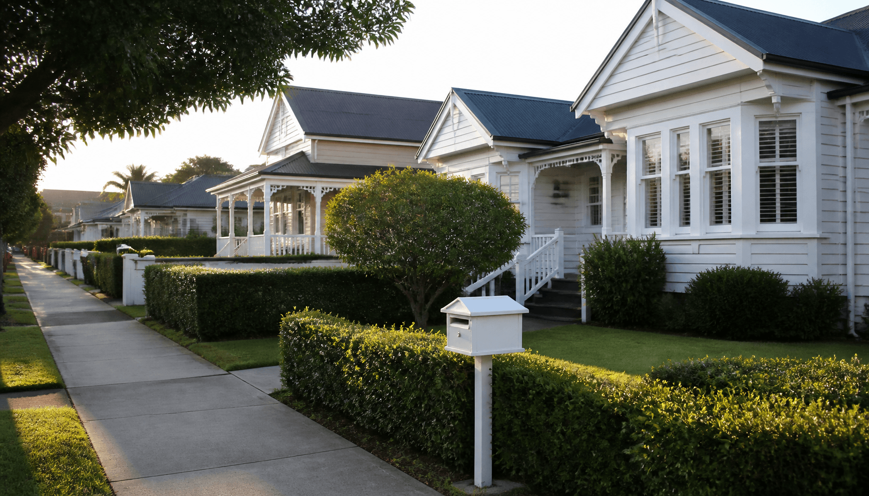 Suburban Auckland street of freestanding houses under morning light