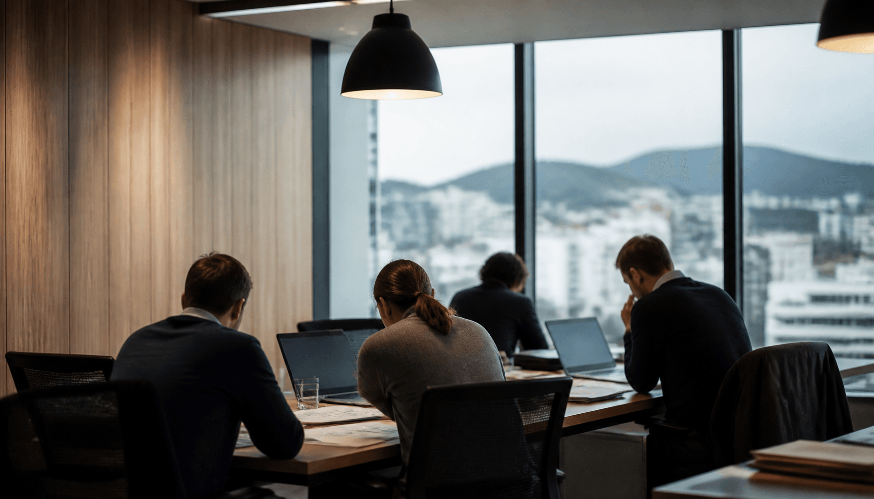 Workers at a shared desk in a Wellington office reviewing pay documents under natural daylight