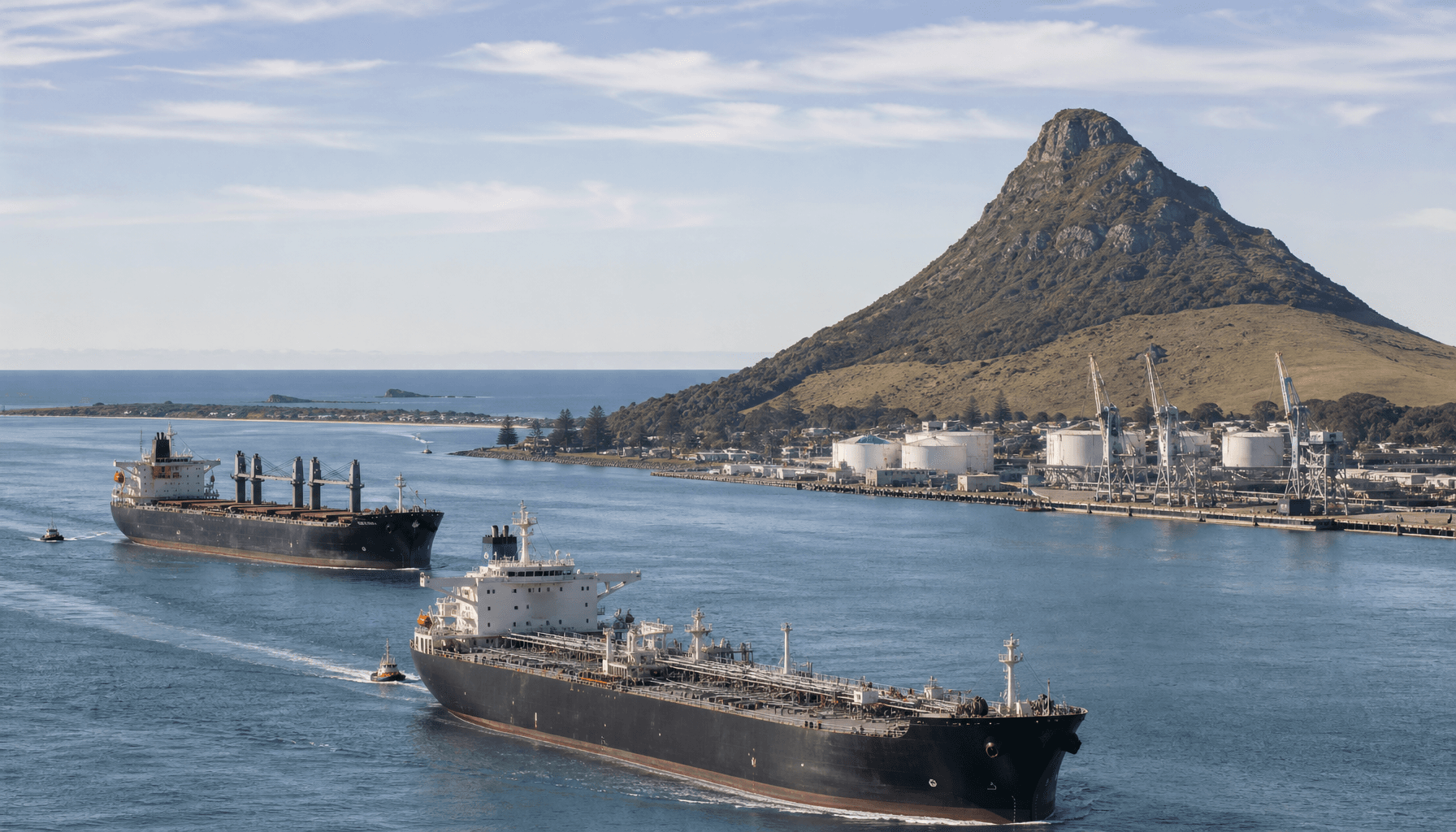A large petroleum tanker approaches the Port of Tauranga with Mount Maunganui in the background