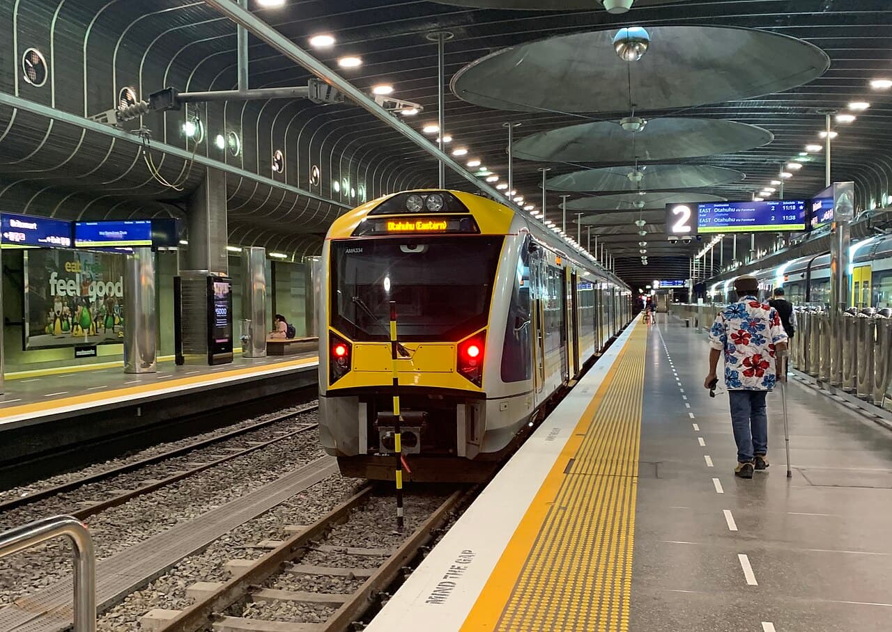 An Auckland AM Class electric train at Britomart Station platform, the terminus that the City Rail Link will convert from a dead-end to a through-running metro