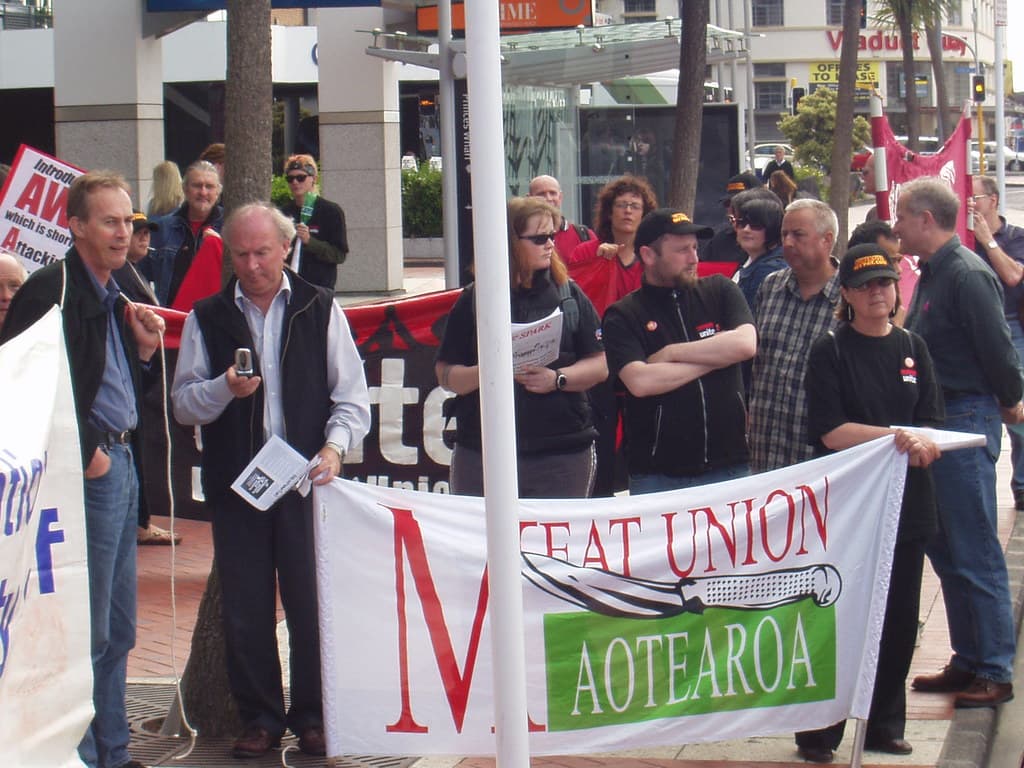 New Zealand union members march in protest in Auckland, calling for better pay and working conditions