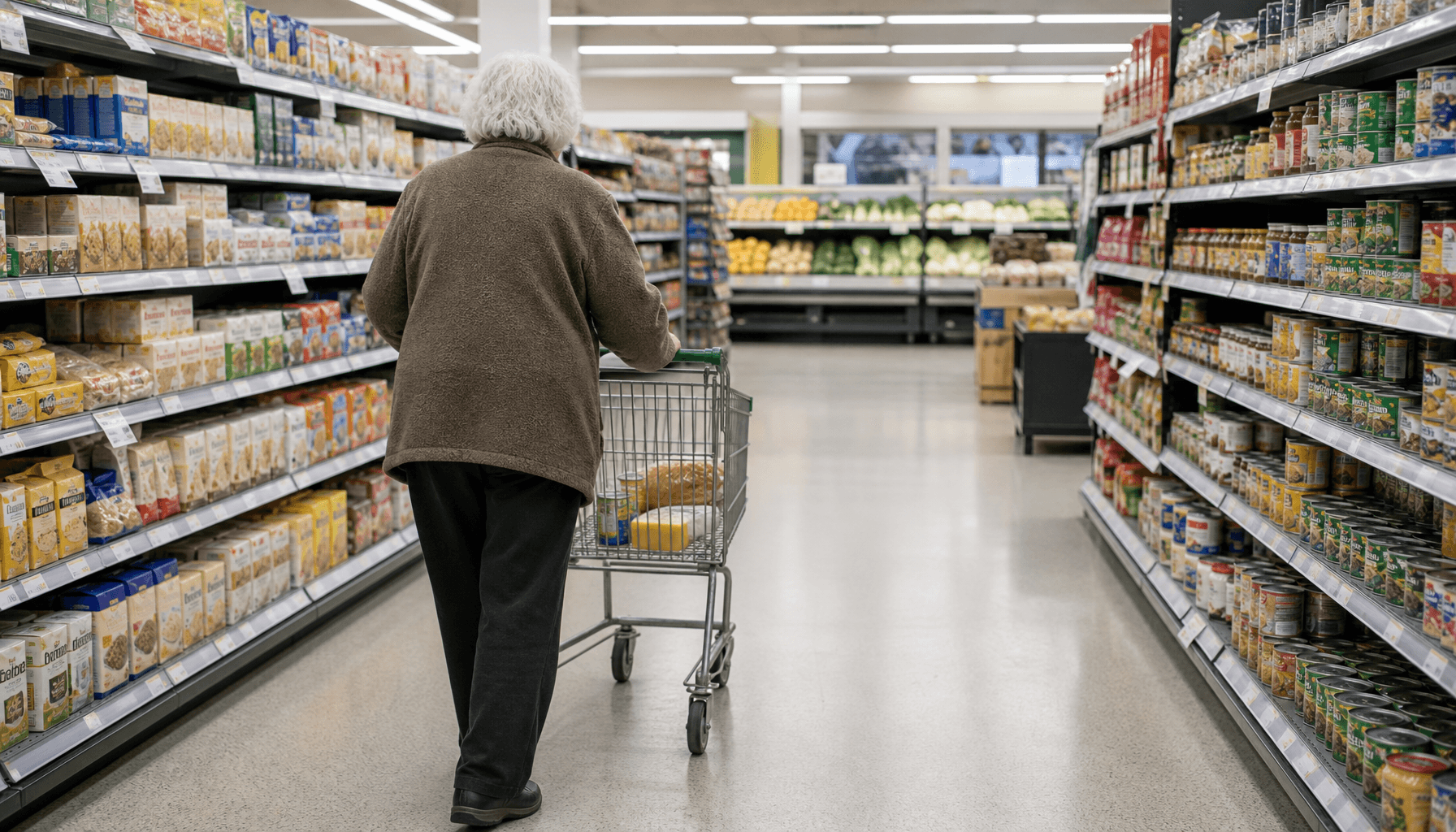 Elderly shopper from behind pushing a sparsely filled trolley along a New Zealand supermarket aisle