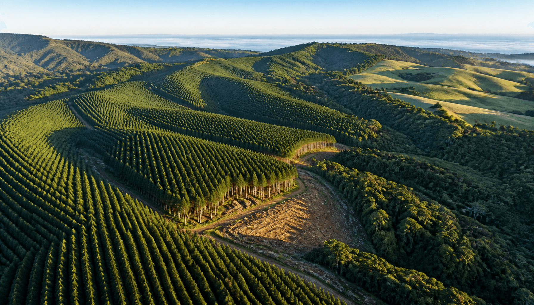 Aerial view of a New Zealand radiata pine plantation with geometric rows of dark-green canopy across rolling hill-country terrain