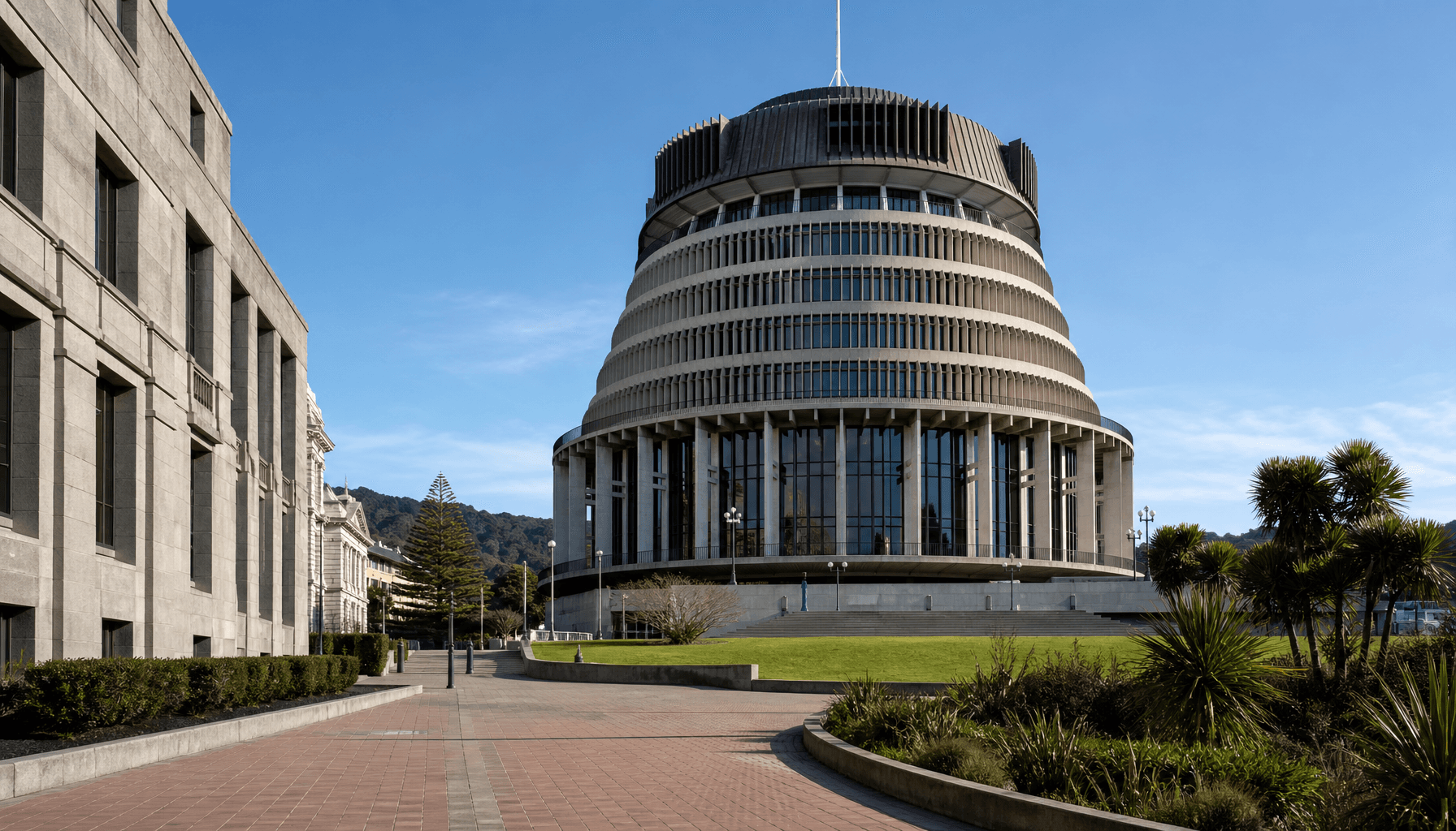 The Beehive, New Zealand's executive Parliament building in Wellington, under morning light