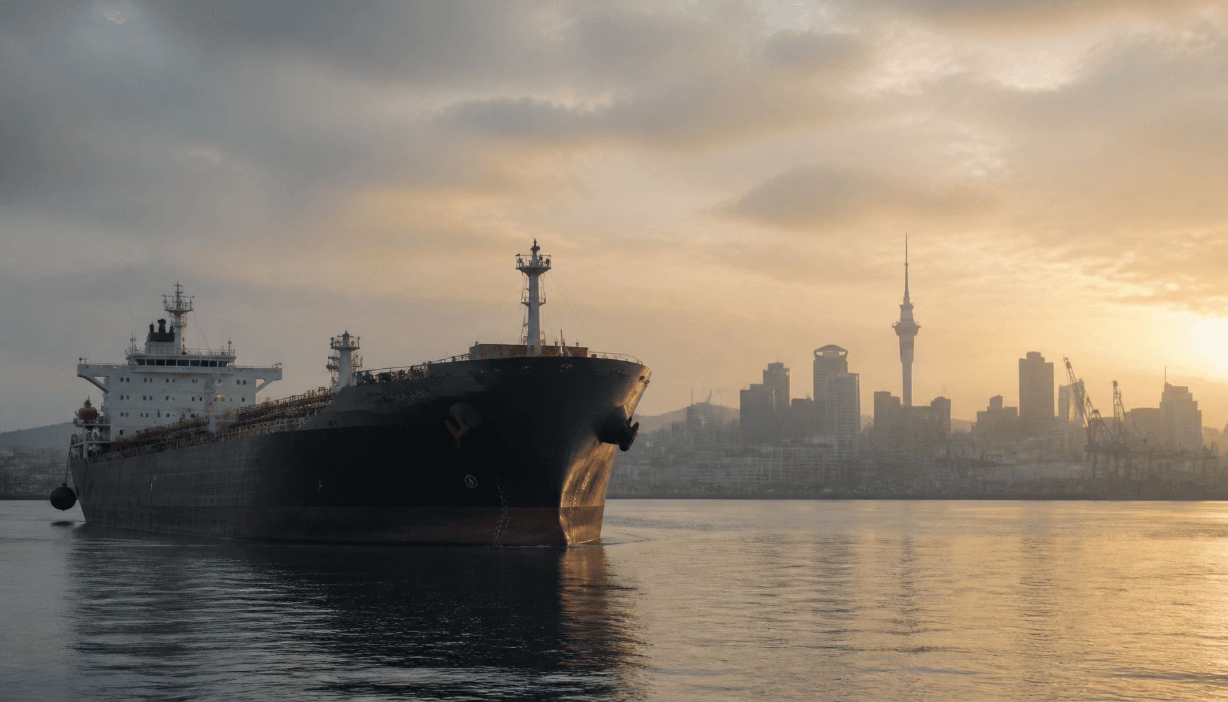Oil product tanker arriving at Auckland's Waitemata Harbour at dawn, CBD waterfront silhouetted on the horizon