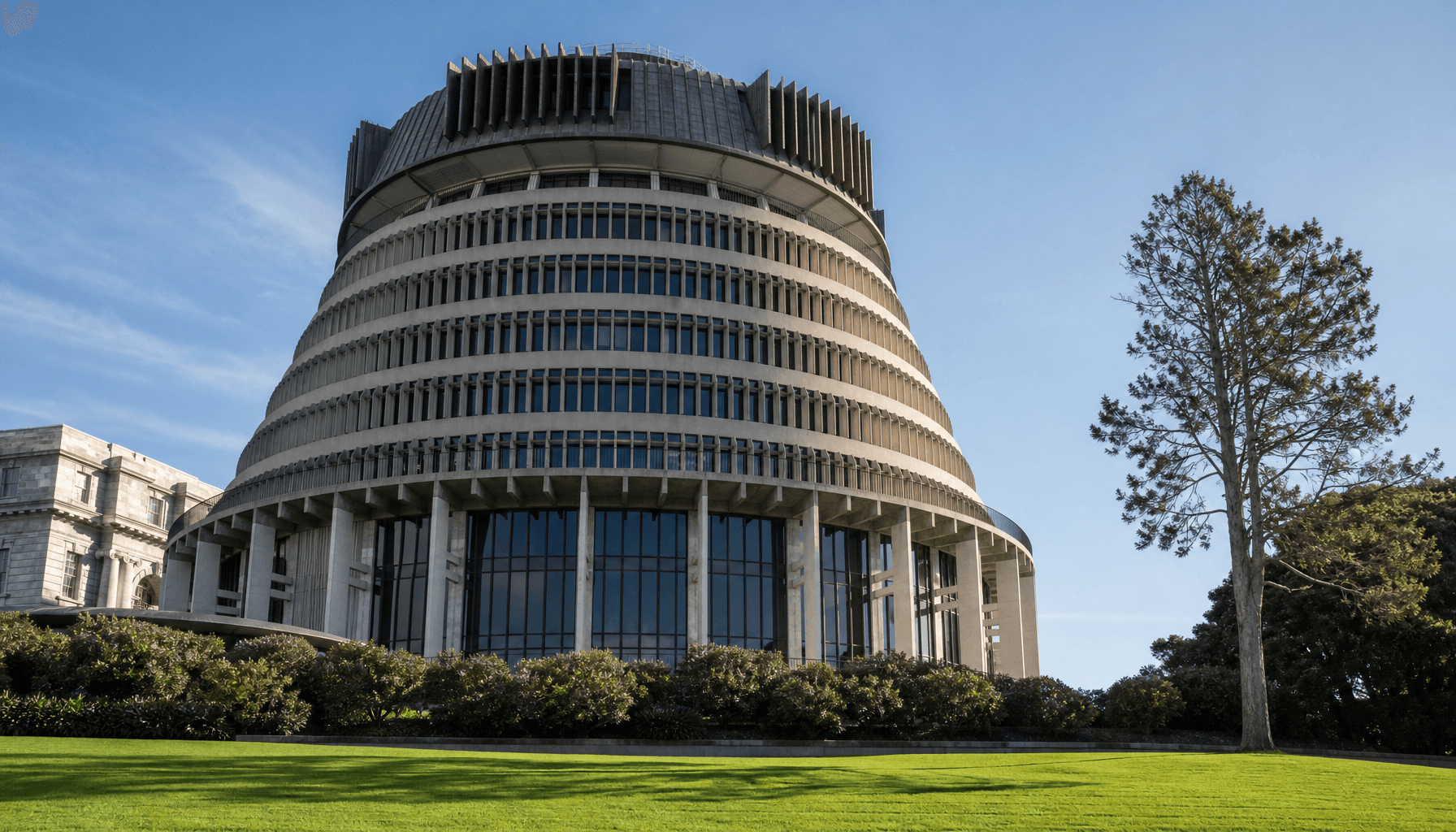 The Beehive executive wing in Wellington under clear late-autumn morning light